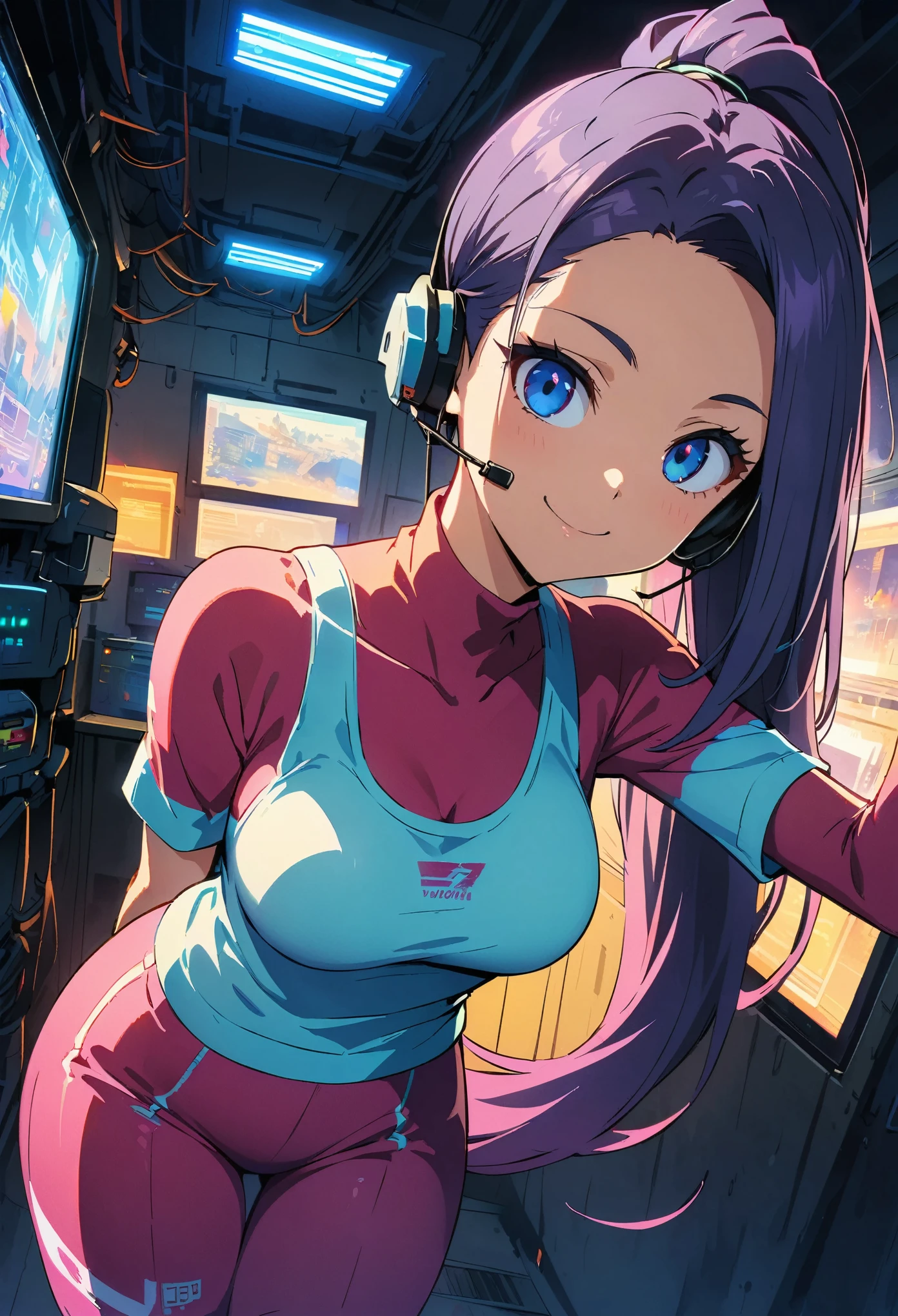 (highest quality:1.2, Very detailed, Anime Style, Digital Painting, Studio Anime, Ultra-high resolution, High Contrast, masterpiece:1.2, highest quality, Best aesthetics), 1 female, Neon City, Operation Roomの椅子に座っているピンク髪の女性, Long Hair, ponytail, Cyberpunk Anime, Cyberpunk Animeの女の子, Bodysuits, Casual wear, Neon Effect, Cyber City, headset, goggles, Detailed communication equipment, Operation Room, Complex communication network, As shown on the display々Information, Woman Turning Around, smile, Bright color palette, Studio Lighting, Wide-angle lens.