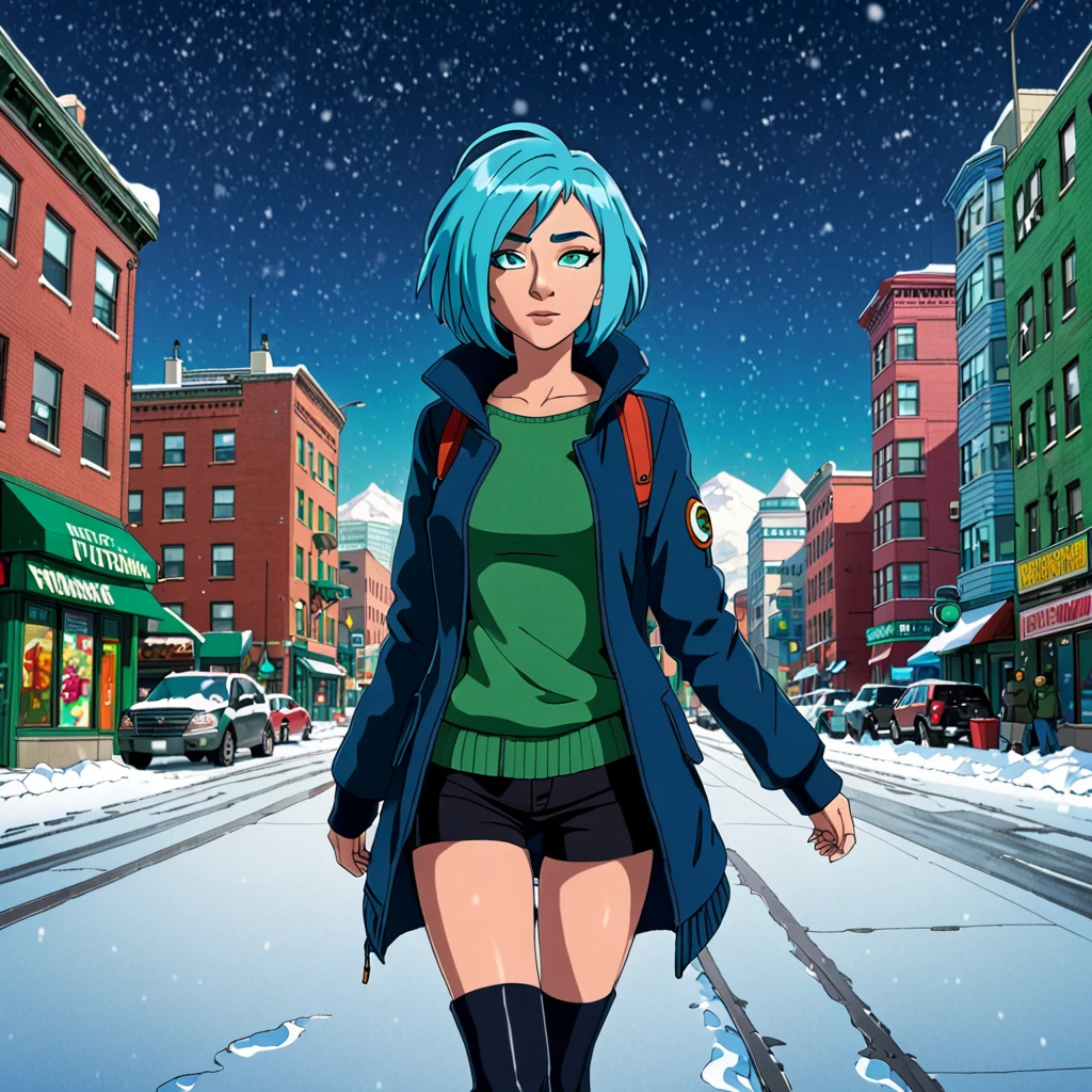 best quality,ultra high res,1girl,solo,full body,snow,city,, blue hair,green eyes,jk, futurama
