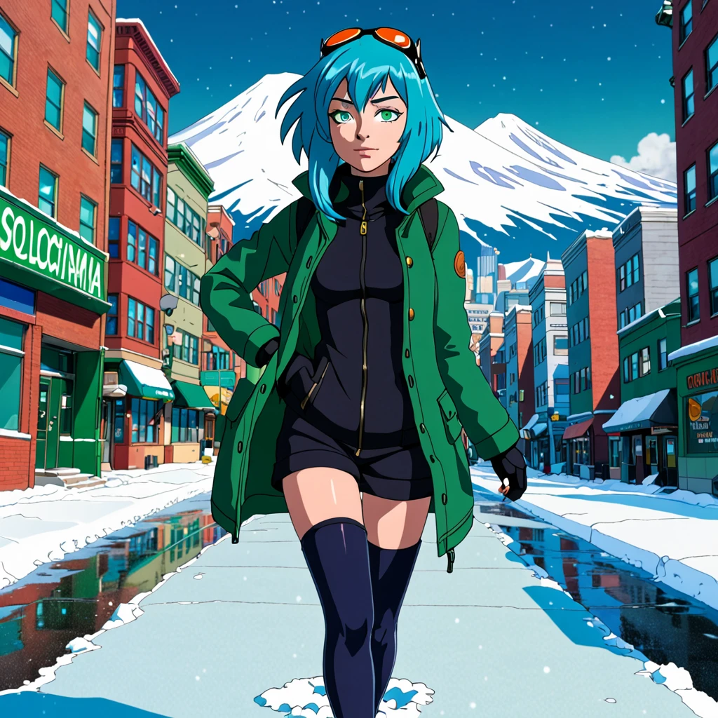 best quality,ultra high res,1girl,solo,full body,snow,city,, blue hair,green eyes,jk, futurama