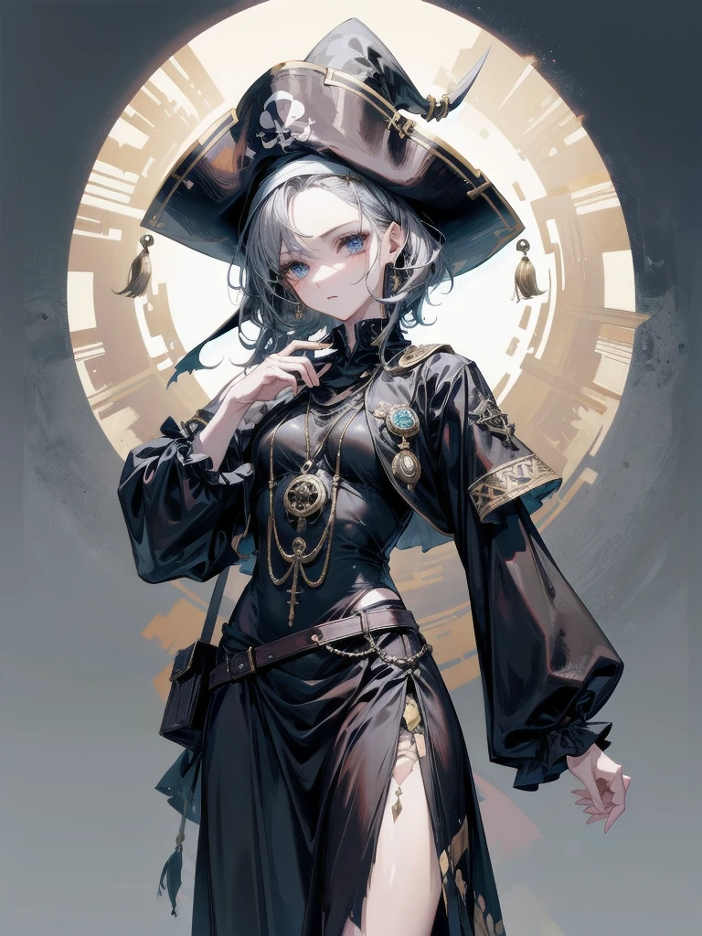 whole body, Practical pirate clothing, Long-sleeved pirate top, Skirt,Torn pirate hat, absurdres, RAW photo, extremely delicate and beautiful, masterpiece, Best Quality, ultra high resolution, 32k, hyperrealistic, ultra-detailed, perfect figure, detailed description, pale skin, 20 years old, detailed beautiful face and eyes, tearful mole, earring, short medium hair, wavy hair,