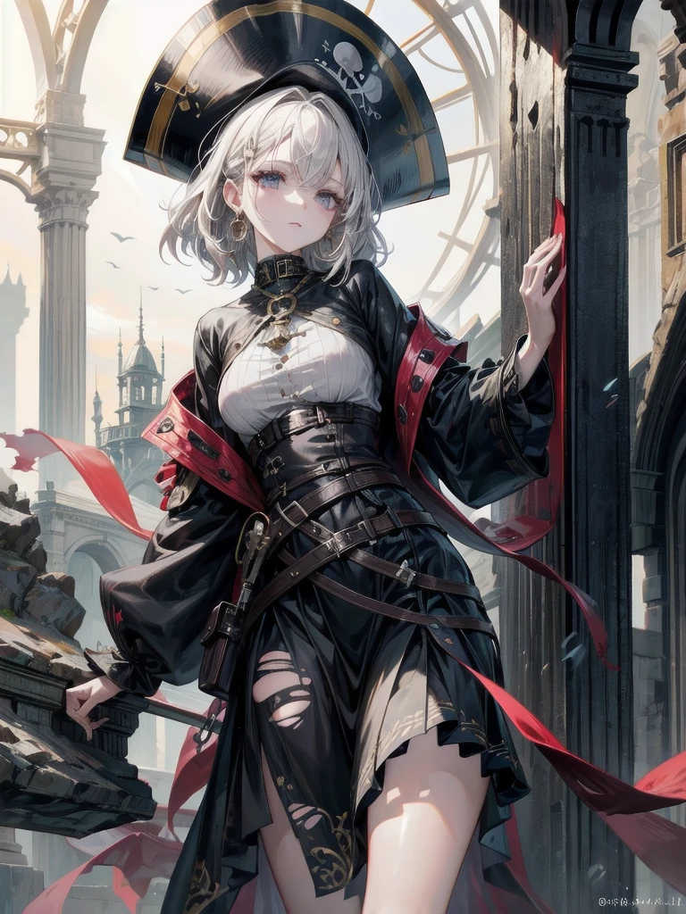 whole body, Practical pirate clothing, Long-sleeved pirate top, Skirt,Torn pirate hat, absurdres, RAW photo, extremely delicate and beautiful, masterpiece, Best Quality, ultra high resolution, 32k, hyperrealistic, ultra-detailed, perfect figure, detailed description, pale skin, 20 years old, detailed beautiful face and eyes, tearful mole, earring, short medium hair, wavy hair,