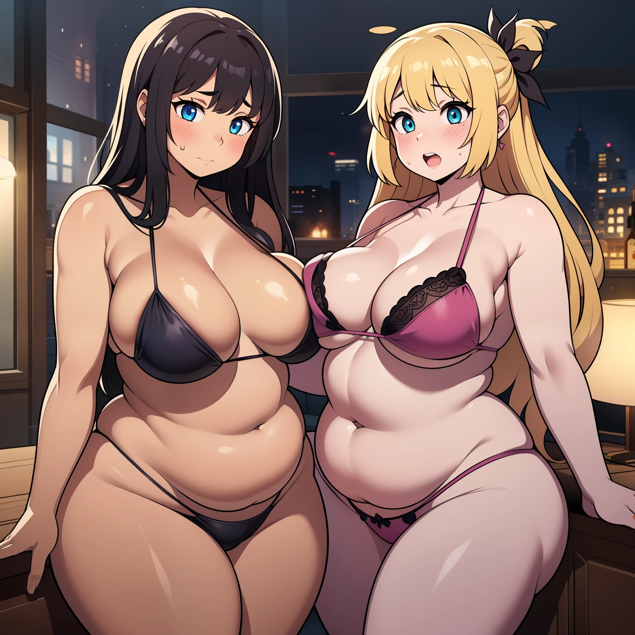 ((highres)), Masterpiece, high quality, best quality, beautiful, perfect lighting, detailed face, ultra cute face, embarrassed, ((blush)), (((2girls))), one girl has blonde hair, blue eyes, bikini, skindentation, one girl has brown hair, green eyes, bikini, full body, fast food restaurant, cleavage, medium breasts, ((wide hips)), ((thick thighs)), ((plump)), chubby belly, fat folds, belly hang, ((belly grab)), sexually suggestive, standing, touching each other,