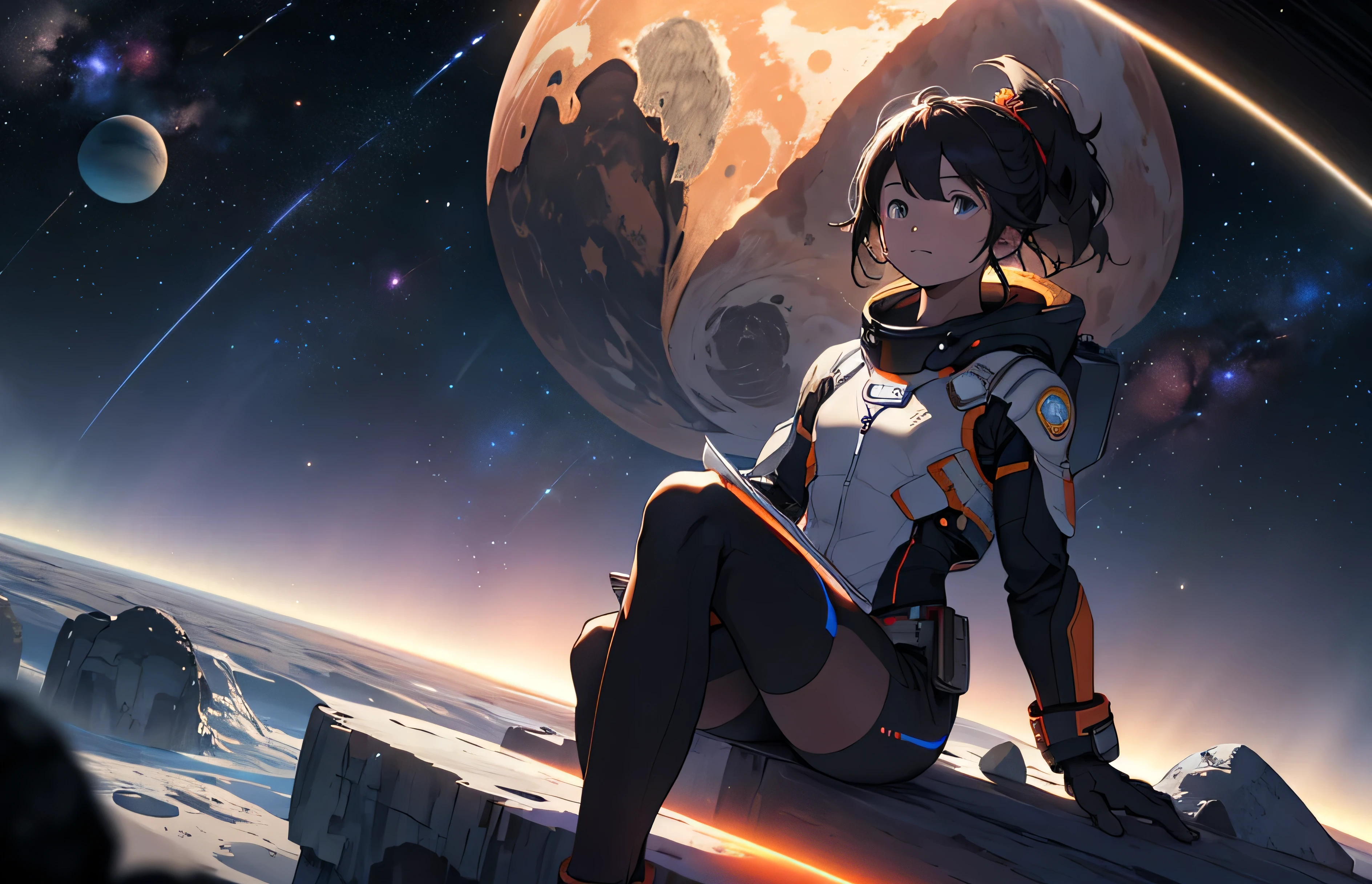 Draw a young girl, sitting on a research platform floating in the middle of an asteroid belt. She is studying with a notebook, surrounded by several asteroids glowing with fiery auras. Dramatic lighting from distant stars and planets illuminates the scene, casting deep shadows on the suit. The young woman looks confident and determined, looking at the vast and mysterious universe with wonder and respect,facial hair, cowboy shot,
