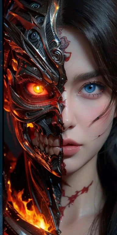 Hyperrealistic art imaginative dark gothic fantasy concept art,bleak,vibrant immersive woman's face split in half,left side is pale skin brightly lit,right side is dark cybernetic, Hyperrealistic art cinematic film still photography in the style of detailed hyperrealism photoshoot . Extremely high-resolution details, photographic, realism pushed to extreme, fine texture, incredibly lifelike