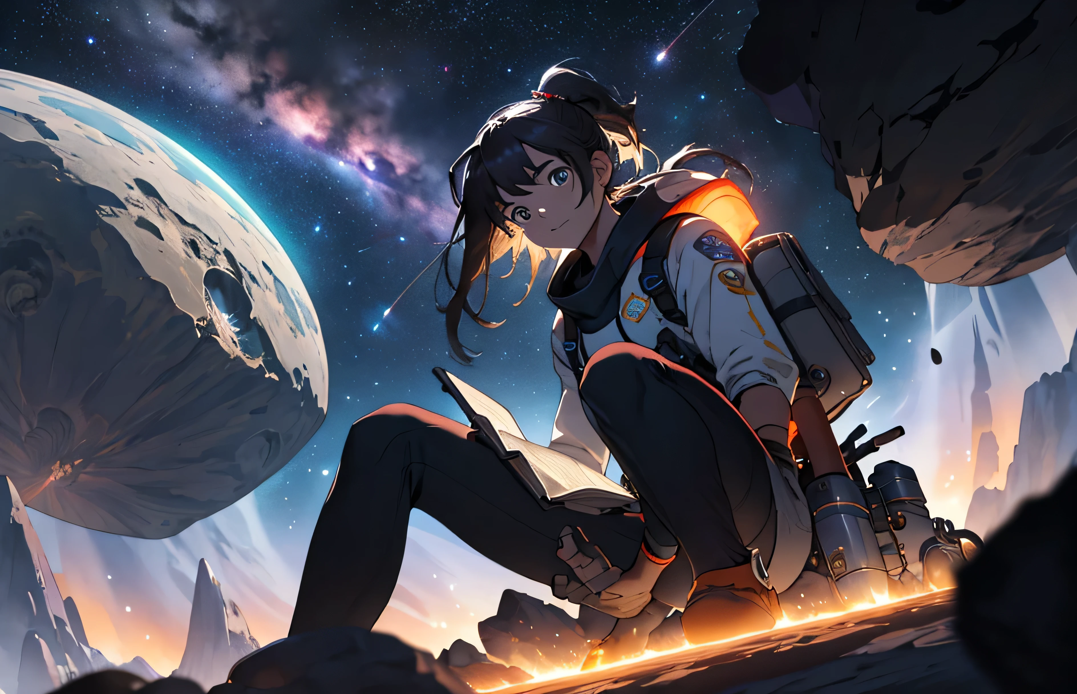 Draw a young girl, sitting on a research platform floating in the middle of an asteroid belt. She is studying with a notebook, surrounded by several asteroids glowing with fiery auras. Dramatic lighting from distant stars and planets illuminates the scene, casting deep shadows on the suit. The young woman looks confident and determined, looking at the vast and mysterious universe with wonder and respect,facial hair, cowboy shot,