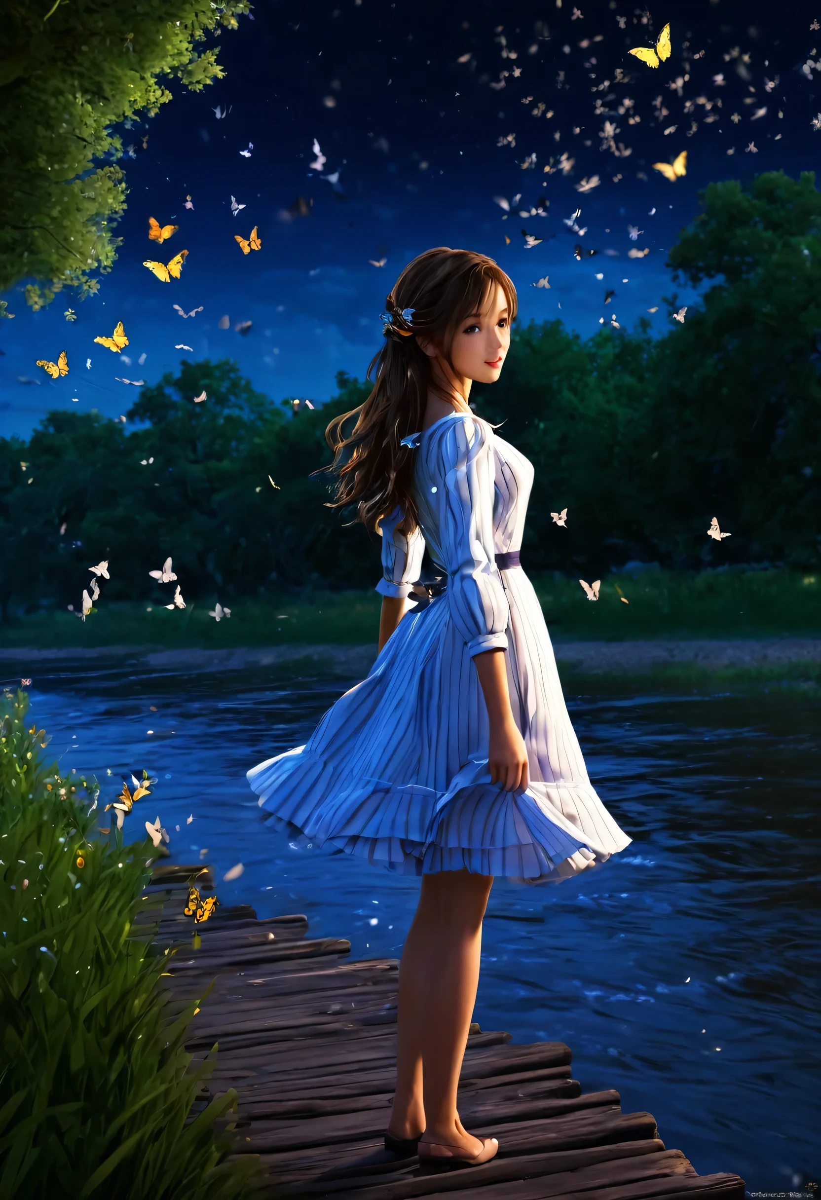 original, (masterpiece), (figure), (Very elegant and beautiful), (Perfect detail), (Unity CG 8K Wallpaper:1.05), (Beautiful and vivid background:1.25), (Depth of written boundary:0.7),One girl,Fun Shy , (Stand along the river:1.15).(Hair blowing in the wind:1.1),Butterflies are flying around, (Moonlight:0.6), wood, (summer), (night:1.2), (close:0.35), (gloves:0.8), alone ,