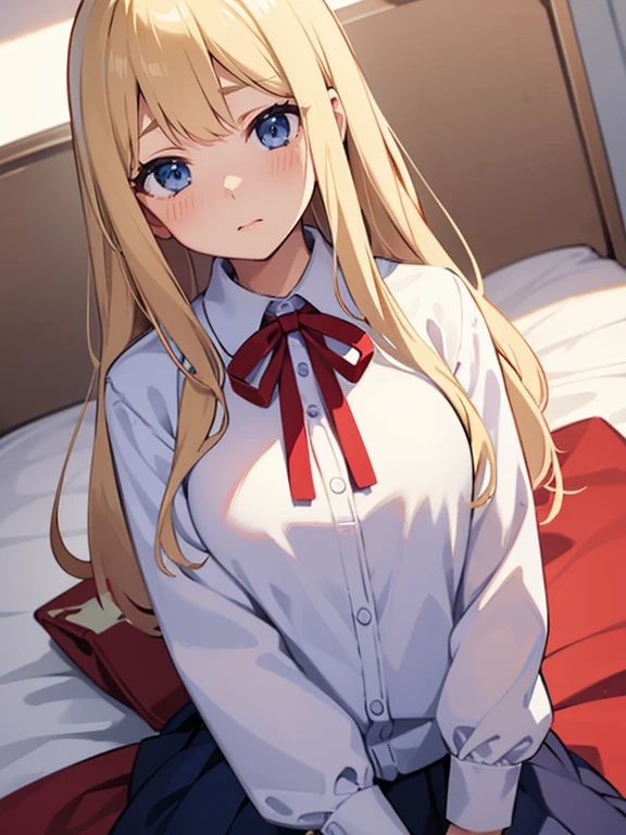 Blonde、Blue Eyes、Embarrassed face、White blouse、Red ribbon around neck、Navy Skirt、Bed in the background