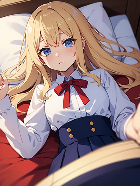 Blonde、Blue Eyes、Embarrassed face、White blouse、Red ribbon around neck、Navy Skirt、Bed in the background