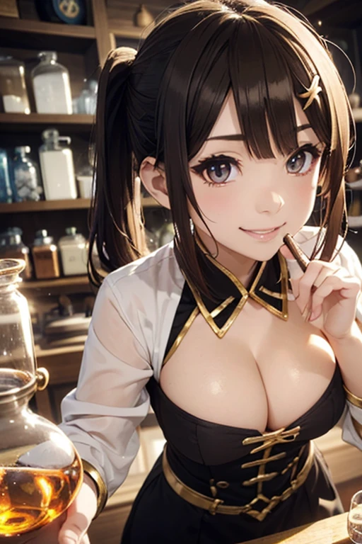 (fantasy:1.5),(8k,masterpiece, top quality, best quality,beautiful and aesthetic:1.2,professional illustrasion:1.1,ultra detail:1.3,perfect lighting),extremely detailed,highest detailed,incredibly absurdres , highres, ultra detailed,intricate:1.6,(Alchemy Workshop:1.4),A girl mixing,Medicine in many small bottles,holding small potion,colorful:1.4,zentangle,(a girl 26yo old),(cute girl),pointed chest:1.3,(double breasted:1.2,under bust:1.2), Amazing Cleavage:1.3, thin waist, big ass, Raised sexy, small breast: 1.2 posed cleavage:1.2,(female alchemy),(highly detailed beautiful face and eyes,firm breasts),oily skin,((bronde hair, long  pony tail hair)),thin pubic hair,cute,lovely,beautifuk alchemist costume,smile,in the Alchemy Workshop,smile,seductive weak smiling,(with sparkling eyes and a contagious smile),open mouth, Looking at Viewer, 
