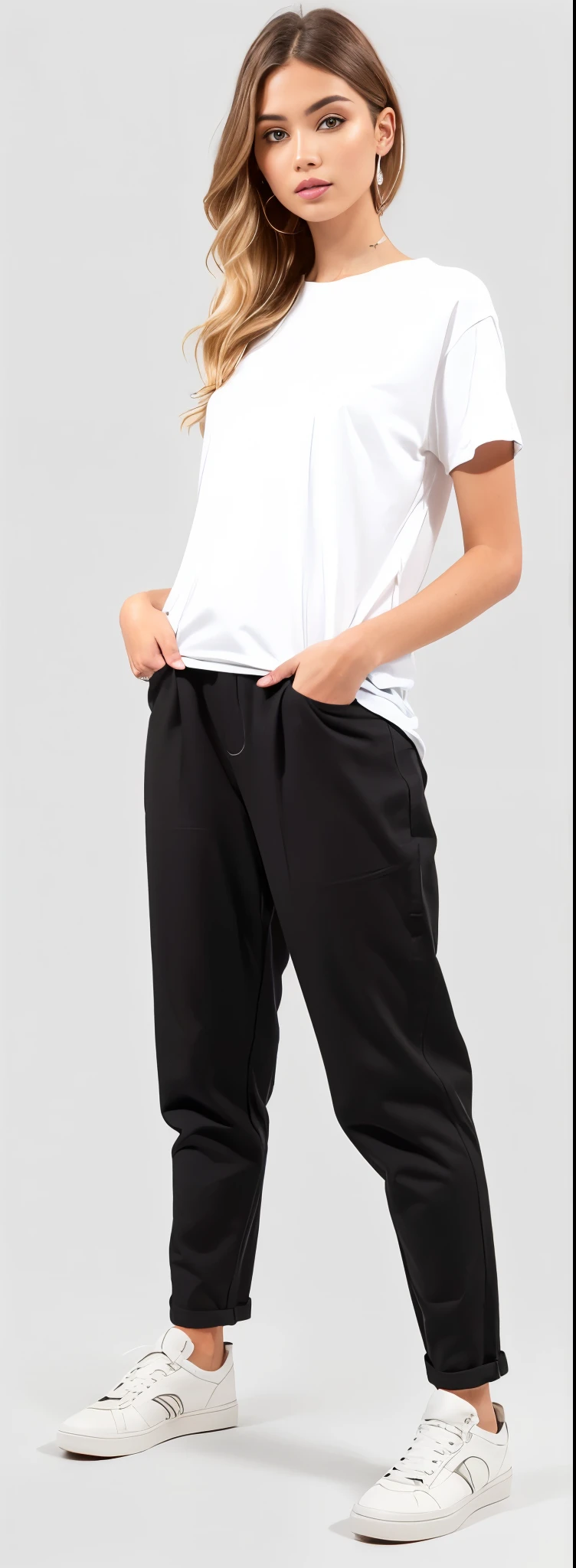 a woman in white shirt and black pants standing on a white background, black pants, black jeans pants, baggy black pants, black pants, loose pants, big pants, black pants, wearing pants and a t-shirt, denim trousers, Roupas casuais modernas, jeans largos, roupas modernas casuais, high-waisted pants, black sweatpants, wearing pants