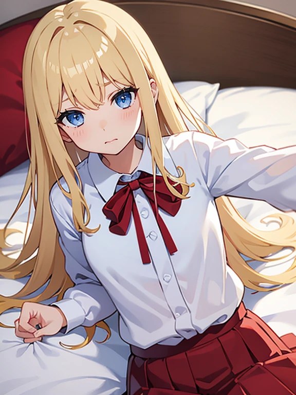 Blonde、Blue Eyes、Embarrassed face、White blouse、Red ribbon around neck、Navy Skirt、Bed in the background