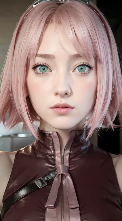 young woman, short shoulder-length pink hair, wide forehead, porcelain skin, pink eyebrows, big emerald green eyes, buttoned nose, full lips, heart-shaped face, slender body, small breasts, red tank top, Sakura Haruno , realistic, realism, details, 3d, well detailed
