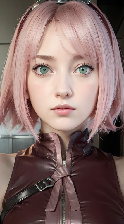 young woman, short shoulder-length pink hair, wide forehead, porcelain skin, pink eyebrows, big emerald green eyes, buttoned nose, full lips, heart-shaped face, slender body, small breasts, red tank top, Sakura Haruno , realistic, realism, details, 3d, well detailed
