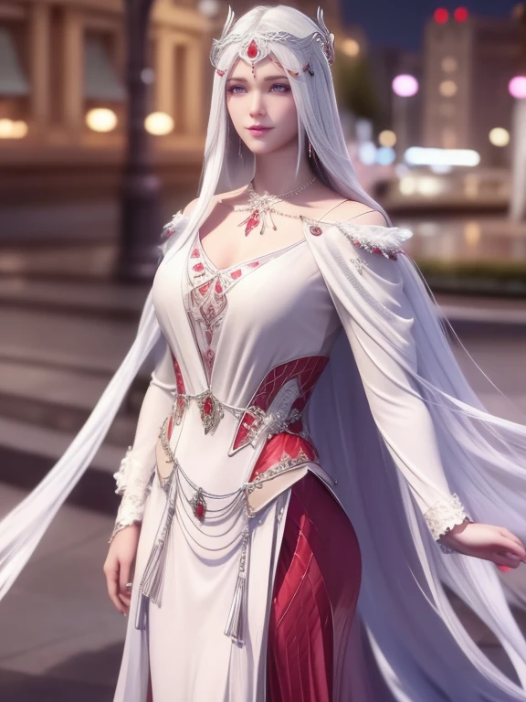 long hair, 1girl, mature female, looking at viewer, cityscape, night, hair ornament, necklace, long dress,jewelry, metal trim,long sleeves, white hair,cowboy shot, multicolored dress, red capelet,