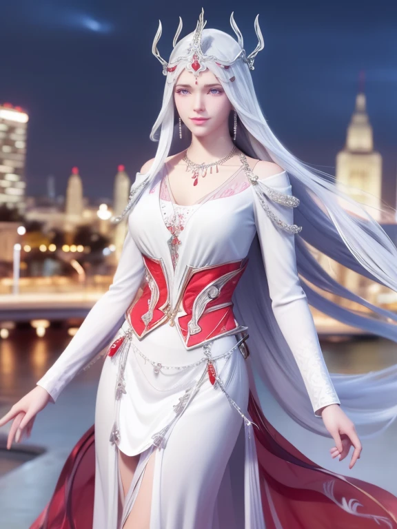 long hair, 1girl, mature female, looking at viewer, cityscape, night, hair ornament, necklace, long dress,jewelry, metal trim,long sleeves, white hair,cowboy shot, multicolored dress, red capelet,