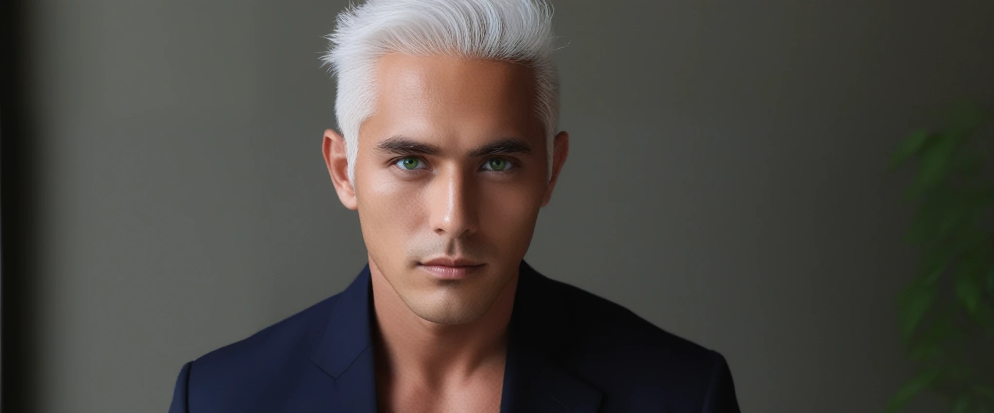 a cool 22 old male Instagram model named Oscar, white hair, intense green eyes, creative and curious, Avant-Gard style with Japanese influence, he is an artist, sun-tanned, in a cool loft
