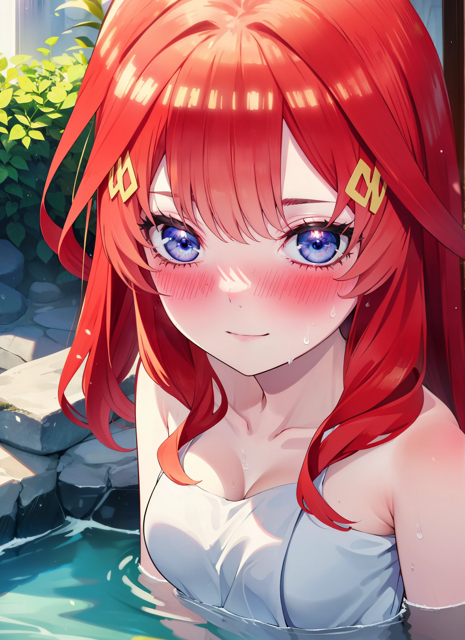 itsukinakano, Itsuki Nakano, bangs, blue eyes, Hair between the eyes, Ahoge, Redhead, smile,Big Breasts,Naked Towel,
blush,smile, Wet Hair,Wet towel,Wet Naked,Open your mouth,Damp Hair,Completely naked,barefoot,Cover one&#39;s naked body with a bath towel,moon光,night,moon,whole bodyがイラストに入るように,Open-air bathから湯気がでている,Cloudy water,
break outdoors, Open-air bath,
break looking at viewer, whole body,
break (masterpiece:1.2), highest quality, High resolution, unity 8k wallpaper, (figure:0.8), (Beautiful fine details:1.6), Highly detailed face, Perfect lighting, Highly detailed CG, (Perfect hands, Perfect Anatomy),