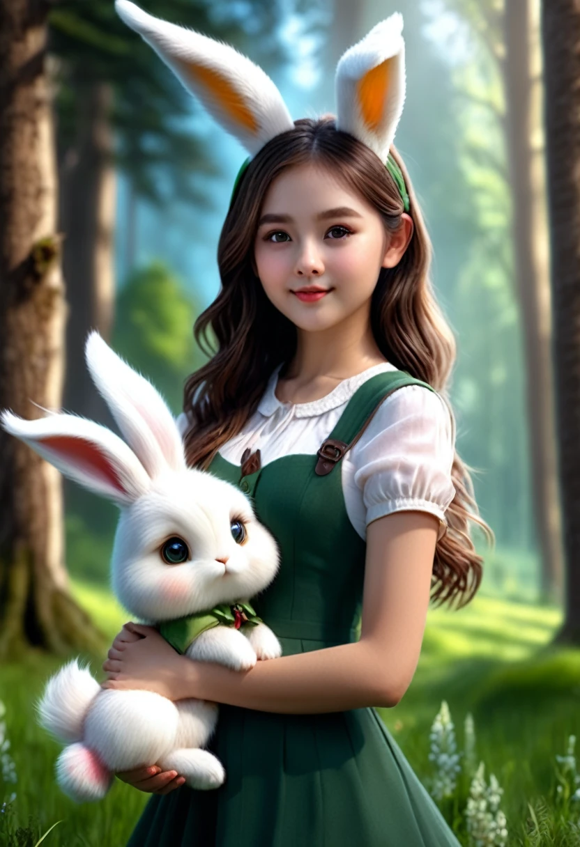 a cute girl with long fluffy rabbit ears, rabbit ears, bunny, green meadow, forest, photorealistic, highly detailed, 8k, (best quality,4k,8k,highres,masterpiece:1.2),ultra-detailed,(realistic,photorealistic,photo-realistic:1.37),HDR,UHD,studio lighting,extreme detail description,vivid colors,soft lighting,warm colors,natural environment