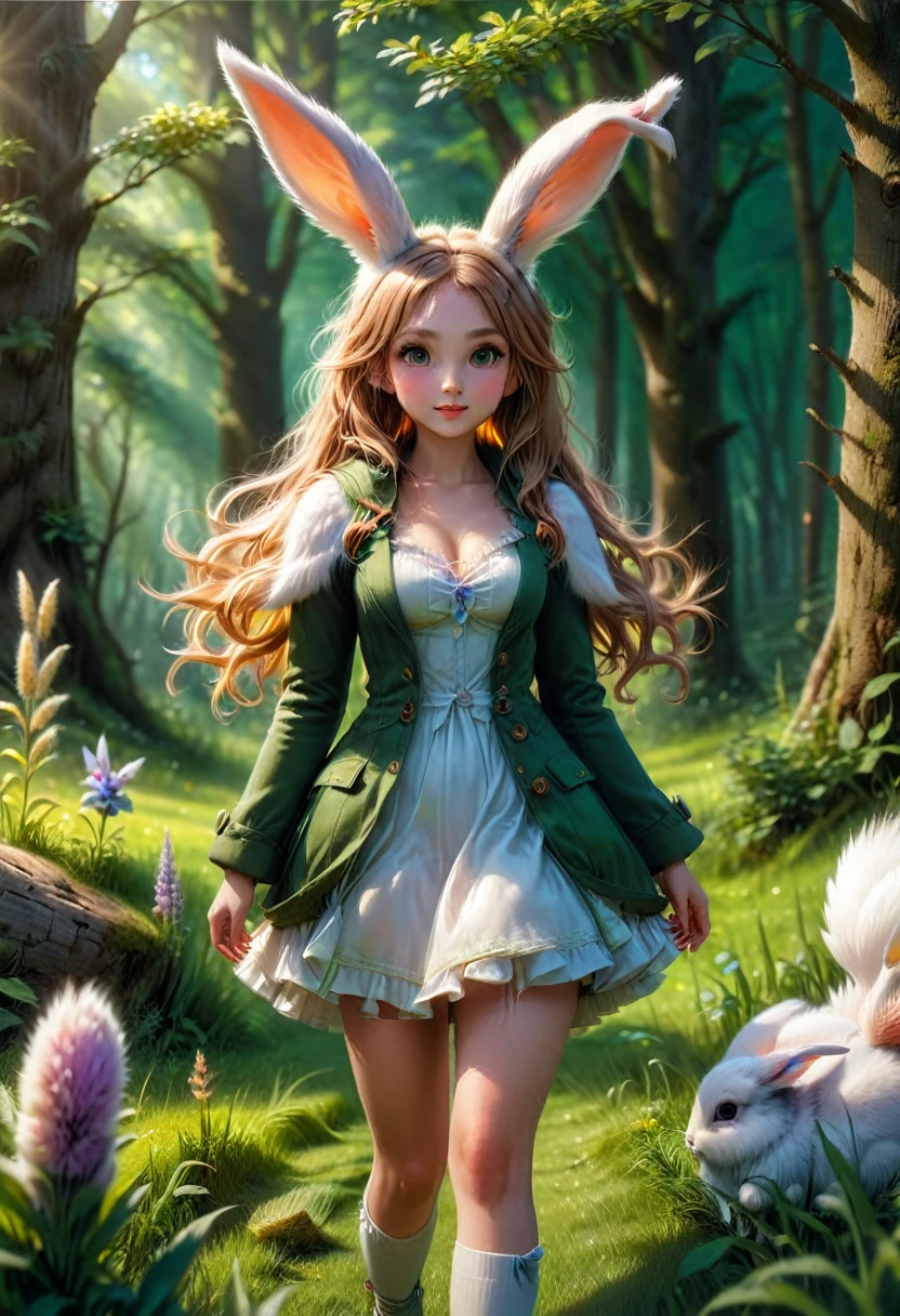 a cute girl with long fluffy rabbit ears, rabbit ears, bunny, green meadow, forest, photorealistic, highly detailed, 8k, (best quality,4k,8k,highres,masterpiece:1.2),ultra-detailed,(realistic,photorealistic,photo-realistic:1.37),HDR,UHD,studio lighting,extreme detail description,vivid colors,soft lighting,warm colors,natural environment