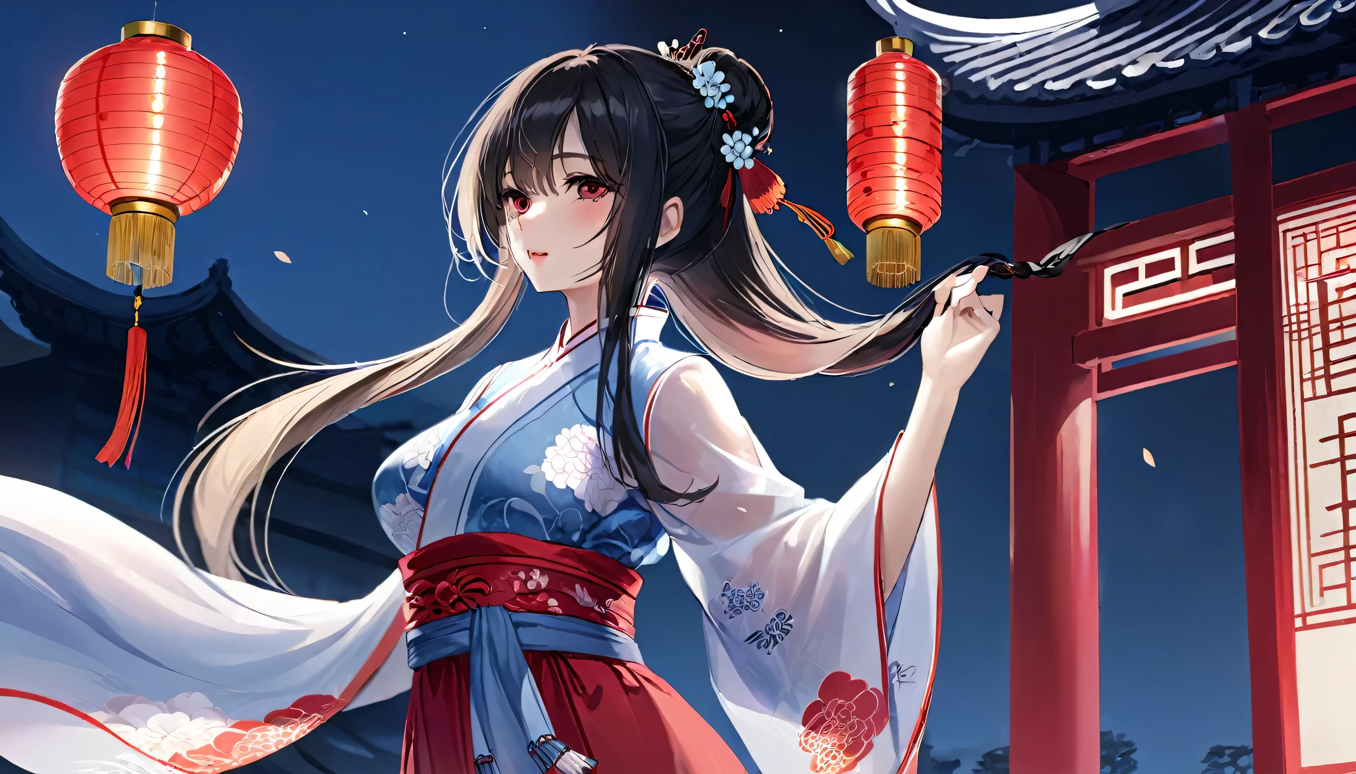 8k, Masterpiece of the highest quality, woman,(Gentle shape), Perfect Face, Hanfu Dress, sexy, attractive, Thin fabric Chinese dress, Tower, red lantern Tower,