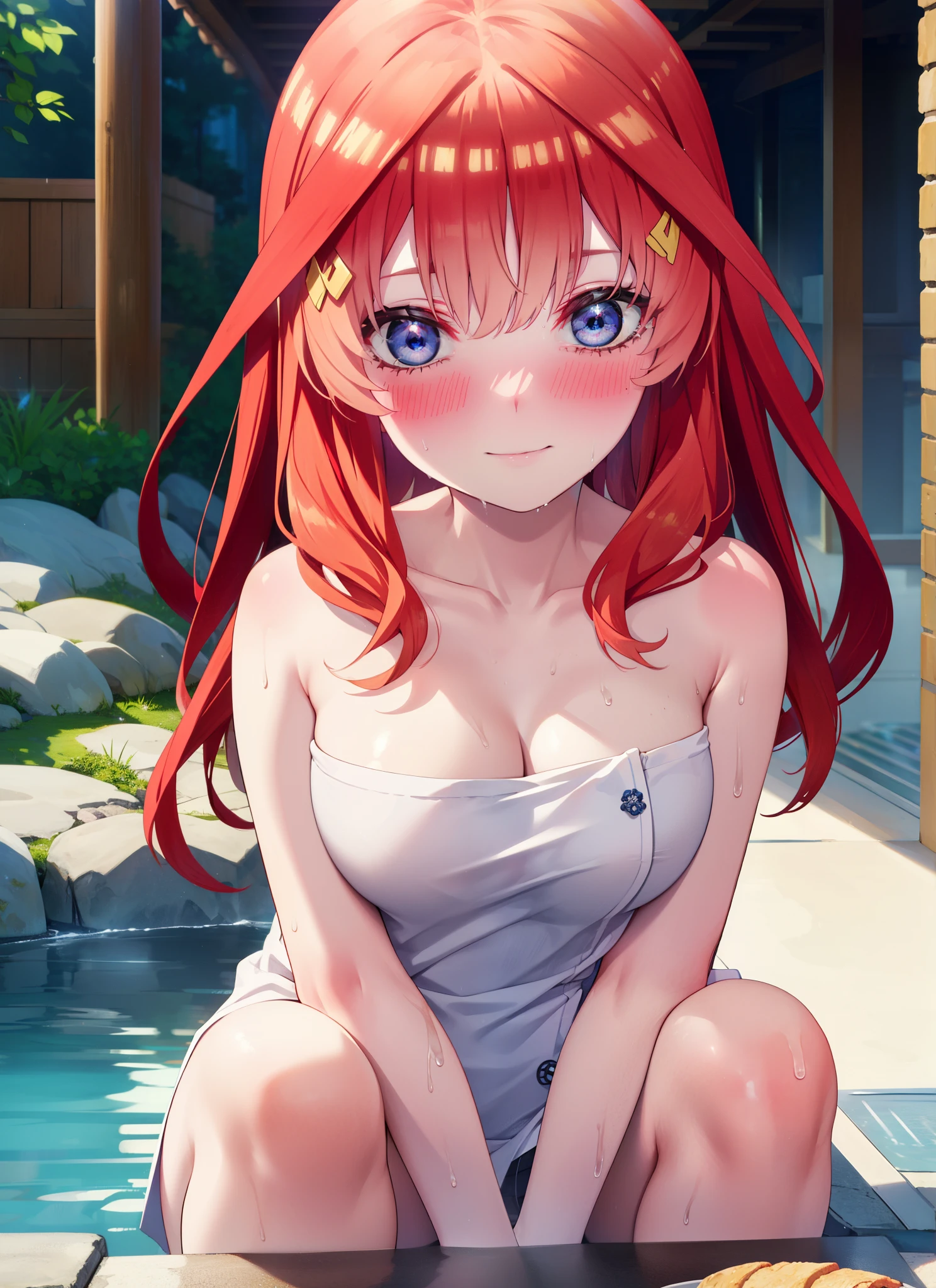 itsukinakano, Itsuki Nakano, bangs, blue eyes, Hair between the eyes, Ahoge, Redhead, smile,Big Breasts,Naked Towel,
blush,smile, Wet Hair,Wet towel,Wet Naked,Open your mouth,Damp Hair,Completely naked,barefoot,Cover one&#39;s naked body with a bath towel,moon光,night,moon,whole bodyがイラストに入るように,Open-air bathから湯気がでている,Cloudy water,
break outdoors, Open-air bath,
break looking at viewer, whole body,
break (masterpiece:1.2), highest quality, High resolution, unity 8k wallpaper, (figure:0.8), (Beautiful fine details:1.6), Highly detailed face, Perfect lighting, Highly detailed CG, (Perfect hands, Perfect Anatomy),