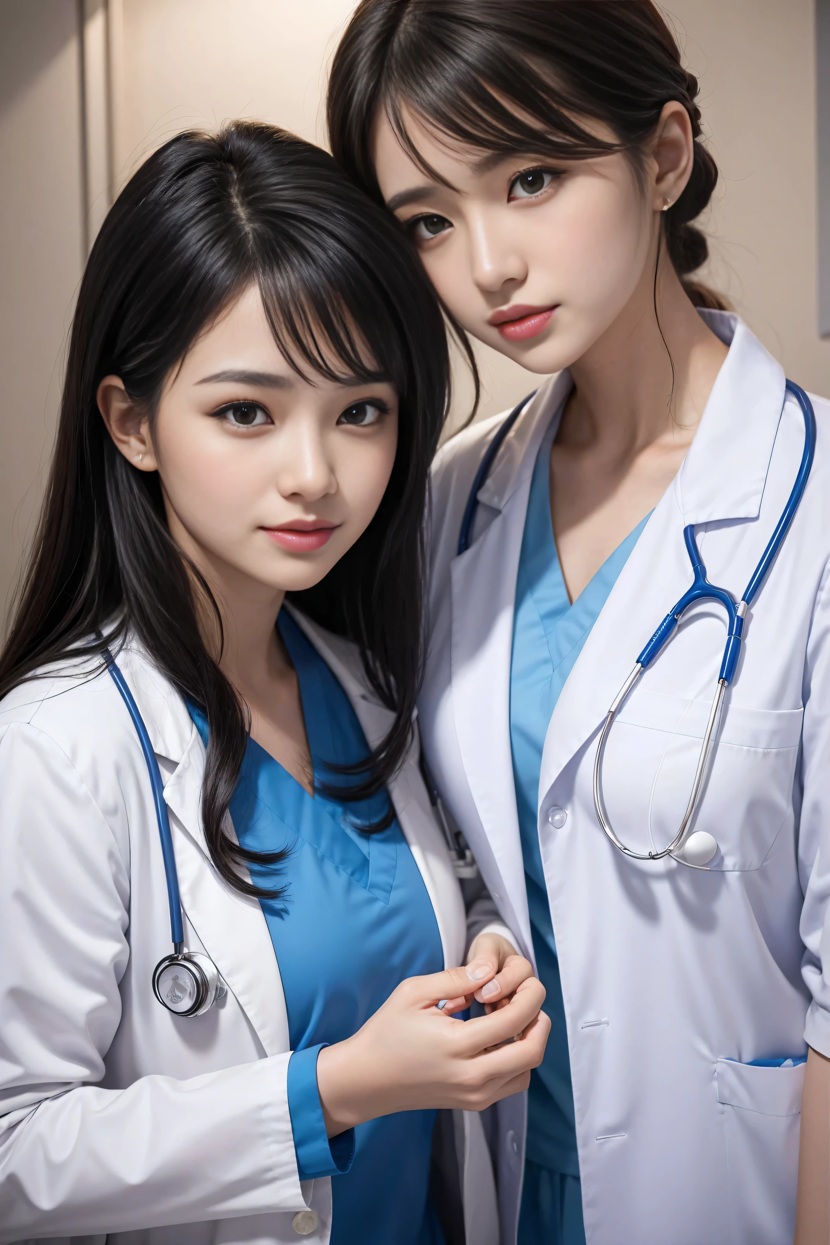 Realistic beautiful doctor、Stunningly beautiful、Doctor&#39;s white coat, Collared shirt、(Top quality、8K、32K、masterpiece、North African Trade Zone:1.3)、Ultra-high resolution,(Reality:1.4),Original Photography, Detailed face,,Beautiful hair, ((Doctor style)),,((Leg length)), （Thigh gap：1.5）， , Black tight skirt、 Natural Makeup,, Big plump breasts、In the hospital, Detailed background, Perfect lighting, Depth of Field, Beautiful shadow gradient,Stethoscope ,Full body proportion photo