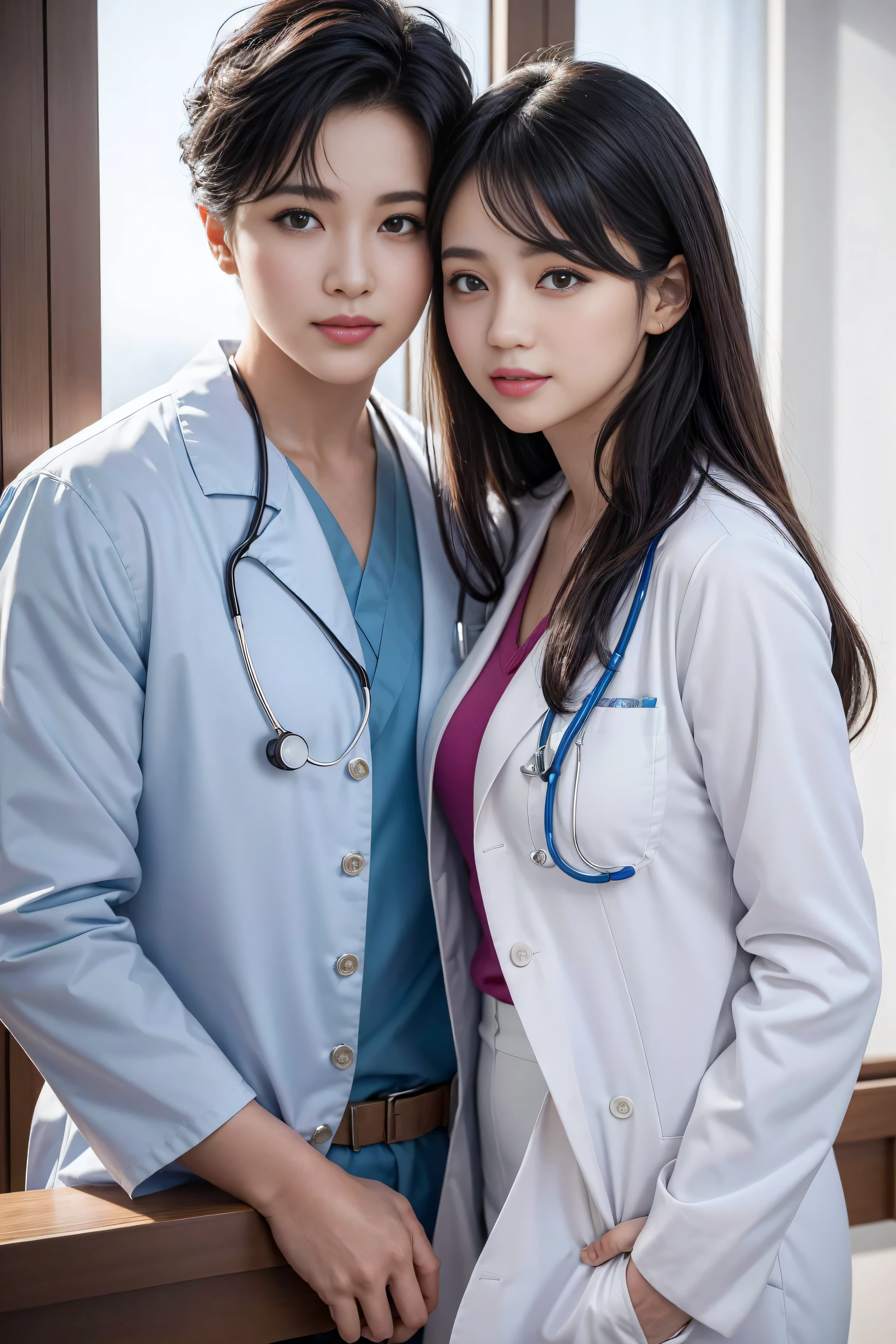 Realistic beautiful doctor、Stunningly beautiful、Doctor&#39;s white coat, Collared shirt、(Top quality、8K、32K、masterpiece、North African Trade Zone:1.3)、Ultra-high resolution,(Reality:1.4),Original Photography, Detailed face,,Beautiful hair, ((Doctor style)),,((Leg length)), （Thigh gap：1.5）， , Black tight skirt、 Natural Makeup,, Big plump breasts、In the hospital, Detailed background, Perfect lighting, Depth of Field, Beautiful shadow gradient,Stethoscope ,Full body proportion photo