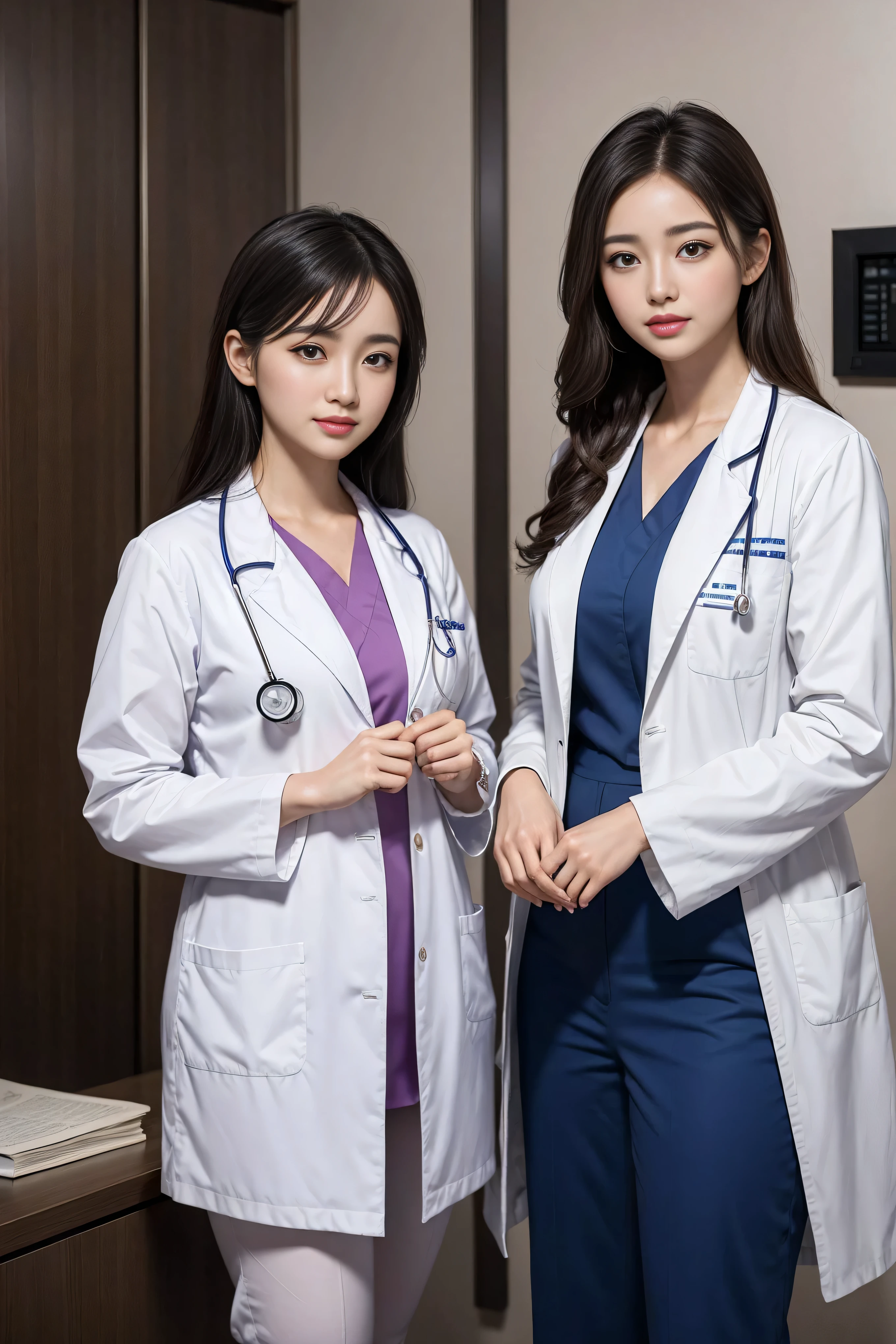 Realistic beautiful doctor、Stunningly beautiful、Doctor's white coat, Collared shirt、(Top quality、8K、32K、masterpiece、North African Trade Zone:1.3)、Ultra-high resolution,(Reality:1.4),Original Photography, Detailed face,,Beautiful hair, ((Doctor style)),,((Leg length)), (Thigh gap:1.5), , Black tight skirt、 Natural Makeup,, Big plump breasts、In the hospital, Detailed background, Perfect lighting, Depth of Field, Beautiful shadow gradient,Stethoscope ,Full body proportion photo
