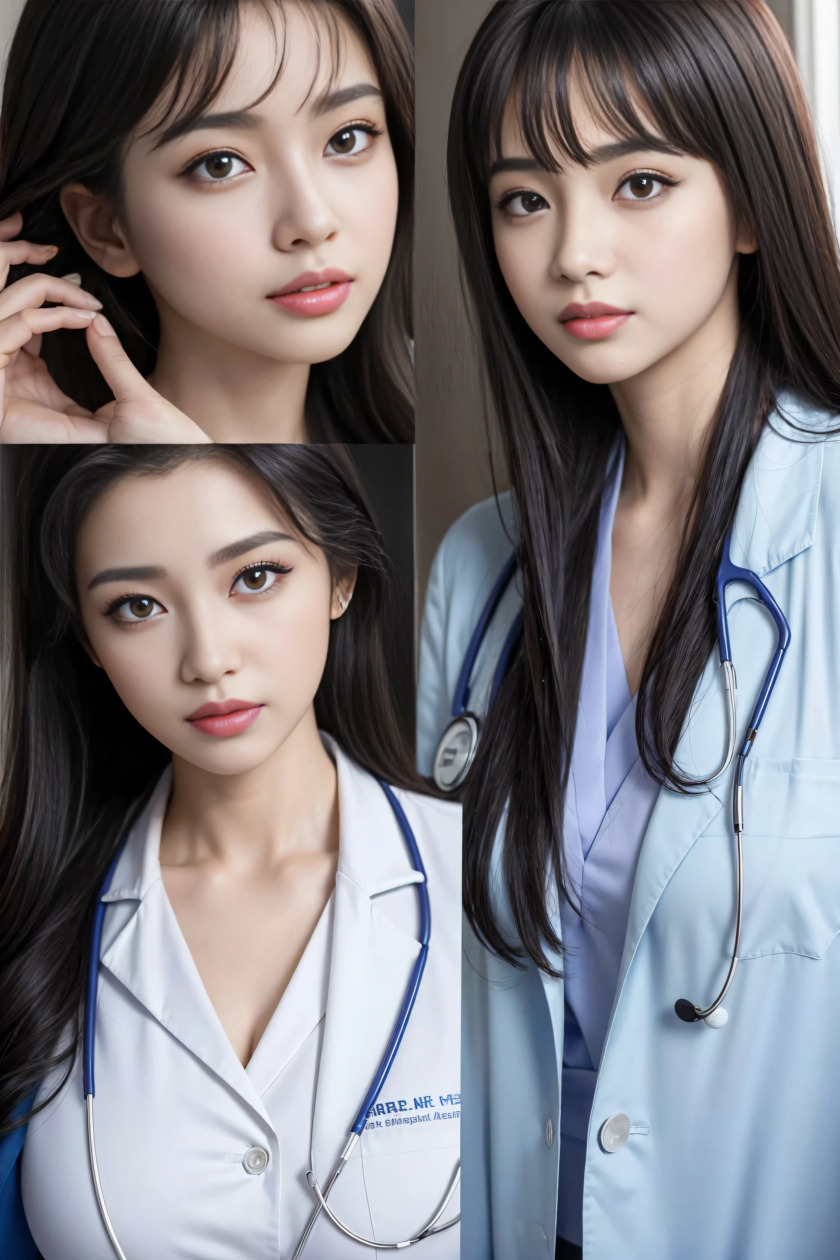 Realistic beautiful doctor、Stunningly beautiful、Doctor&#39;s white coat, Collared shirt、(Top quality、8K、32K、masterpiece、North African Trade Zone:1.3)、Ultra-high resolution,(Reality:1.4),Original Photography, Detailed face,,Beautiful hair, ((Doctor style)),,((Leg length)), （Thigh gap：1.5）， , Black tight skirt、 Natural Makeup,, Big plump breasts、In the hospital, Detailed background, Perfect lighting, Depth of Field, Beautiful shadow gradient,Stethoscope ,Full body proportion photo