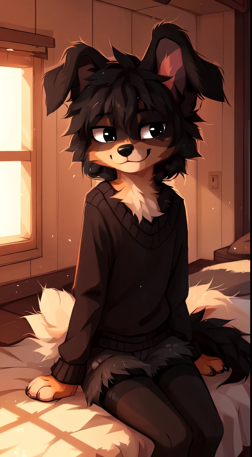 ((by reysi)), Best quality, Super detailed illustration, Warm colors, Ideal lighting, (Fluffy dog boy:1.6), (black fur:1.5), disheveled thick hair, short shorts, long black stockings, black long sleeve sweater, in a cosy room, smug smile, tricky glance , femboy, Slim, perfect body,