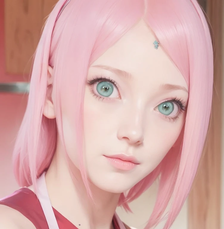 young woman, short shoulder-length pink hair, wide forehead, porcelain skin, pink eyebrows, big emerald green eyes, buttoned nose, full lips, heart-shaped face, slender body, small breasts, red tank top, Sakura Haruno , realistic, realism, details, 3d, well detailed

