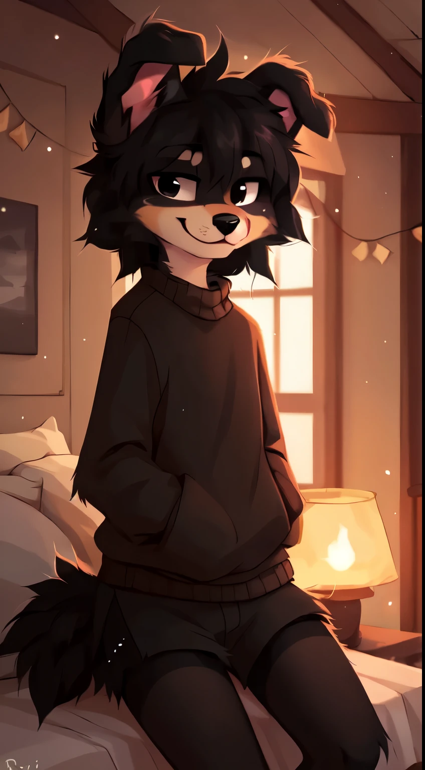  ((by reysi)),  Best quality, Super detailed illustration, Warm colors, Ideal lighting, (Fluffy dog boy:1.6), (black fur:1.5), disheveled thick hair, short shorts, long black stockings, black long sleeve sweater, in a cosy room, smug smile, tricky glance , femboy, Slim, perfect body,