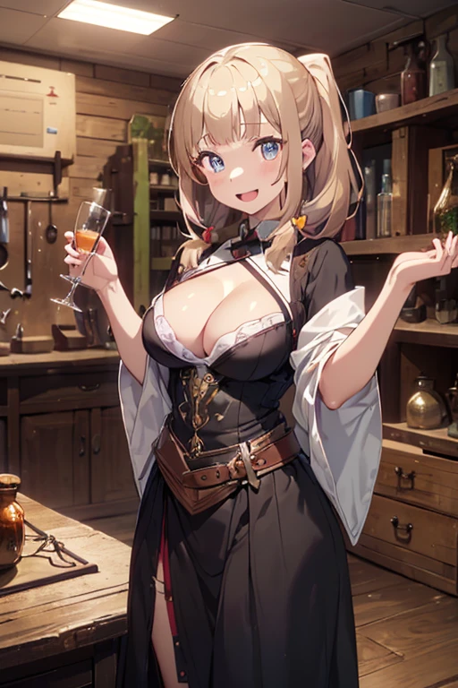 (fantasy:1.5),(8k,masterpiece, top quality, best quality,beautiful and aesthetic:1.2,professional illustrasion:1.1,ultra detail:1.3,perfect lighting),extremely detailed,highest detailed,incredibly absurdres , highres, ultra detailed,intricate:1.6,(Alchemy Workshop:1.4),A girl mixing,Medicine in many small bottles,holding small potion,colorful:1.4,zentangle,(a girl 26yo old),(cute girl),pointed chest:1.3,(double breasted:1.2,under bust:1.2), Amazing Cleavage:1.3, thin waist, big ass, Raised sexy, (small breast: 1.4), posed cleavage:1.2,(female alchemy),(highly detailed beautiful face and eyes,firm breasts),oily skin,((bronde hair, long pony tail hair)),thin pubic hair,cute,lovely,beautifuk alchemist costume,smile,in the Alchemy Workshop,smile,seductive weak smiling,(with sparkling eyes and a contagious smile),open mouth, Looking at Viewer,