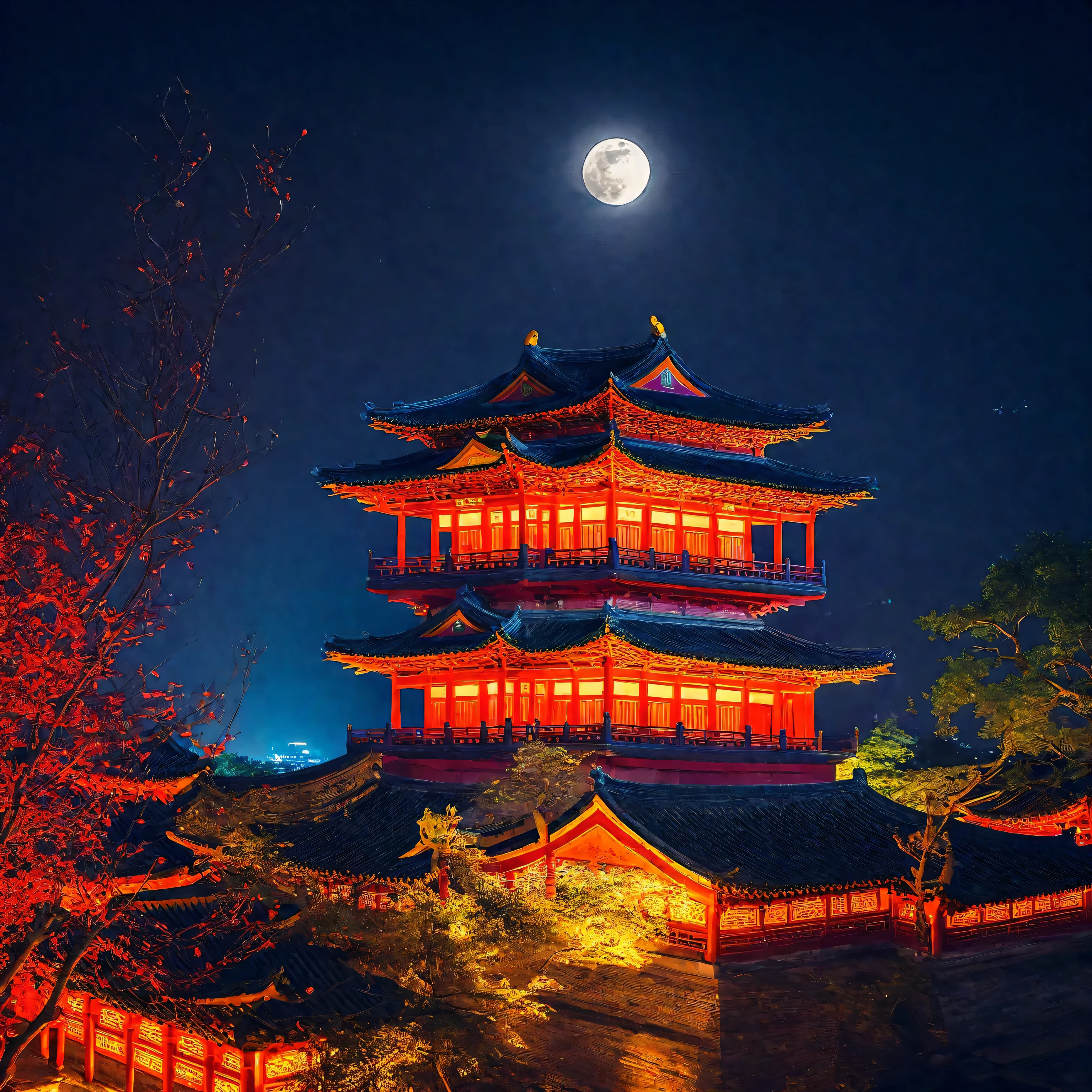 Brightly lit pagoda in the middle of the park at night, Ancient Chinese Tower, Cyberpunk Chinese Ancient Castle, moon、masterpiece、high resolution, (Reality:1.4), reality photos, Ultra-wide-angle view, National Geographic Photo, RAW photos，Best quality），（reality，照片Reality：1.3），masterpiece，Extremely exquisite and beautiful，high resolution，Original，Perfect lighting，Amazing，Fine detailsChinese Architecture, The glittering temple in the distance, Red light illuminates from below, festival. Night scenery, Chinese Palace, Chinese Architecture, Chinese temple, Magical colors and atmosphere, Chinese Architecture, Chinese dreamland