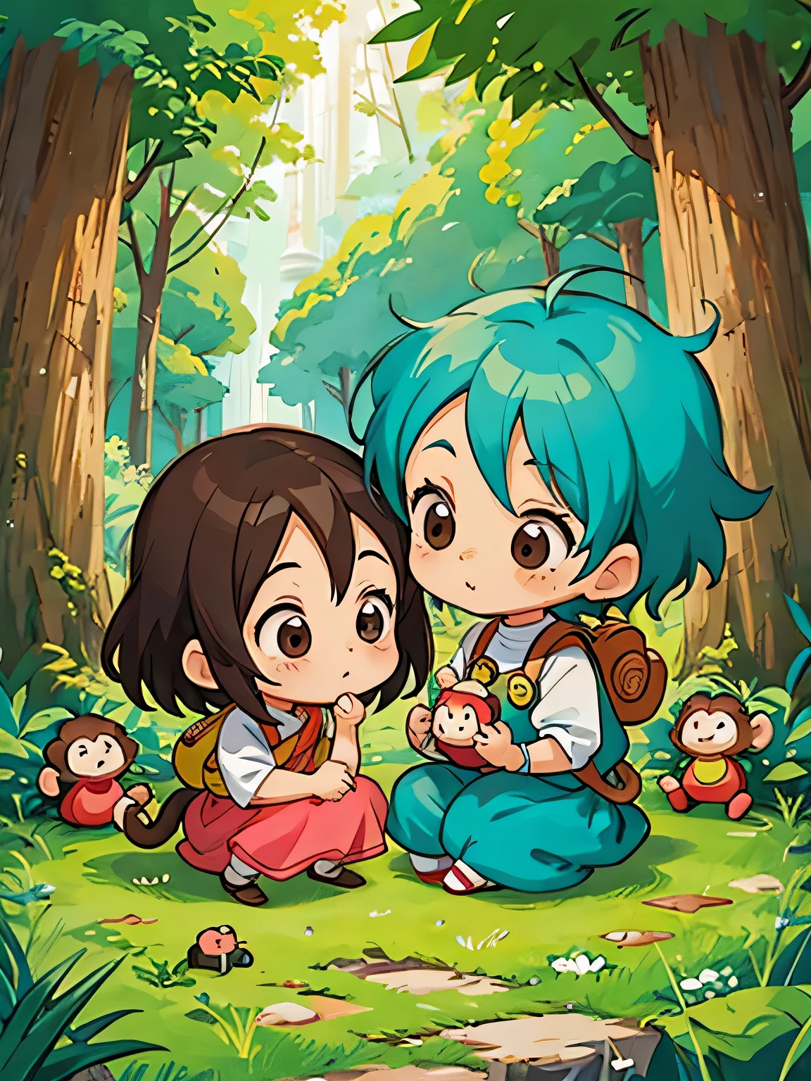 Akira Toriyama style, Kawaii Design, The most beautiful girl of all time、Chibi, monkey, play together、monkey Forest