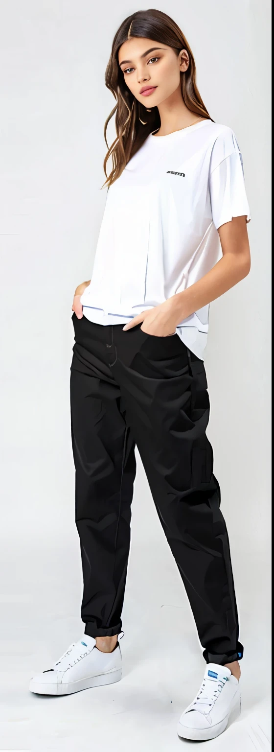 a woman in white shirt and black pants standing on a white background, black pants, black jeans pants, baggy black pants, black pants, loose pants, big pants, black pants, wearing pants and a t-shirt, denim trousers, Roupas casuais modernas, jeans largos, roupas modernas casuais, high-waisted pants, black sweatpants, wearing pants