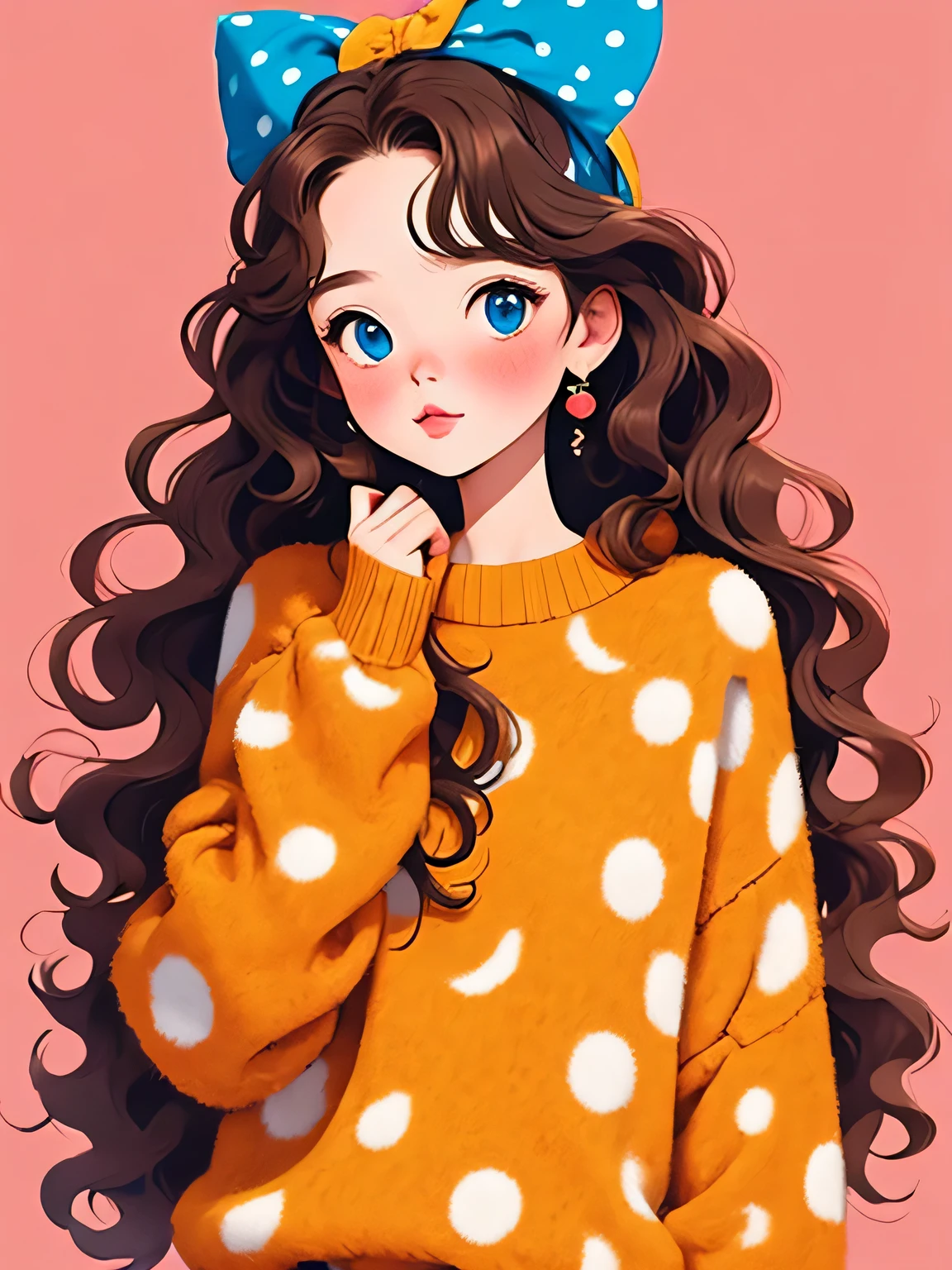 Micho style, (masterpiece, best quality:1.2), 1 girl, alone,wavy hair,Light fluffy long hair,bow headband,polka dot sweater,Sweater details,clean background