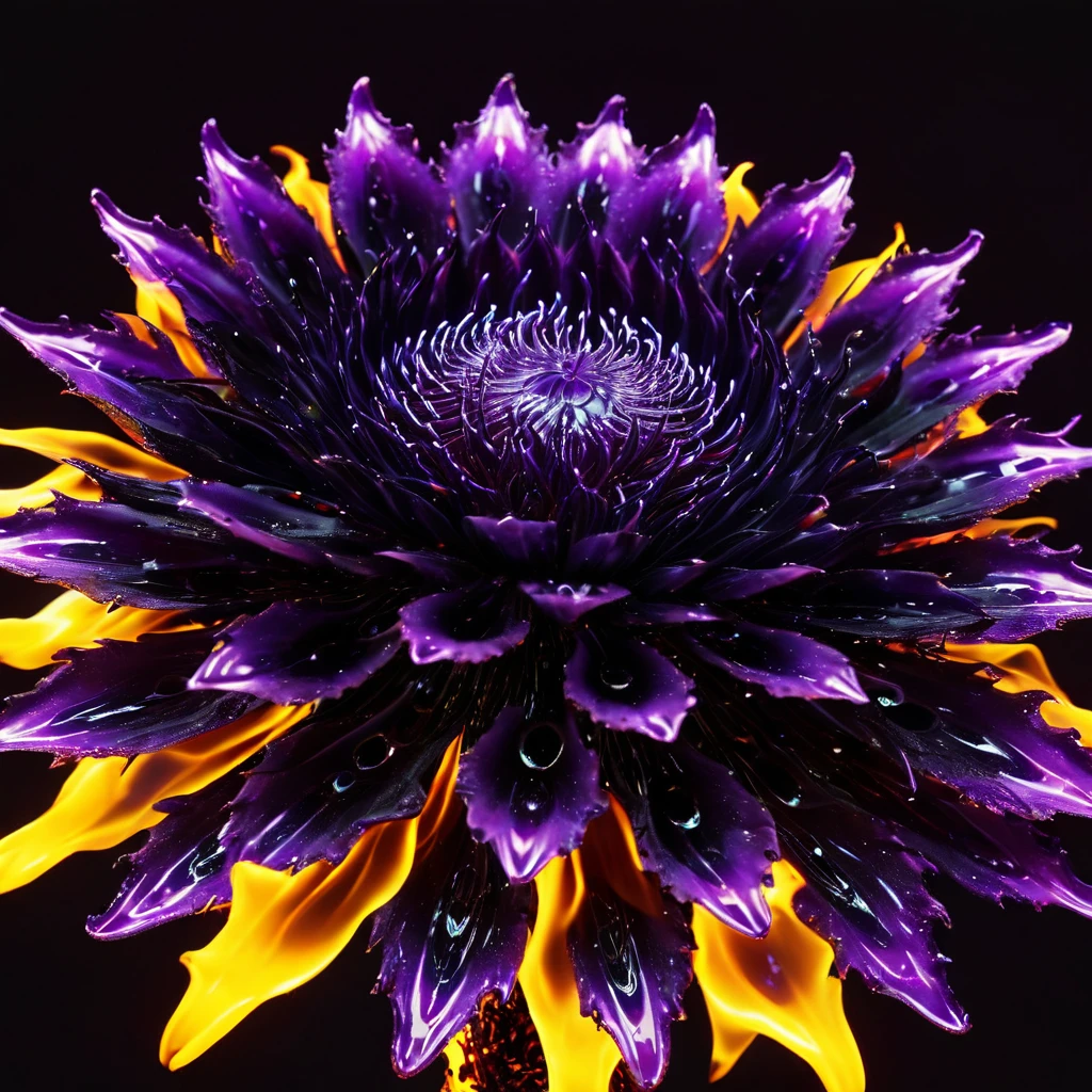 Black and purple fire on a bright yellow background. Macro photography captures an Black and purple fire flower intricately morphing amidst vibrant, homage to Miki Asai flair, centered in a hyper-detailed studio setting, focus honing in on the ethereal molten Flame edges, detailed textures a nod to Philippe Vignal style, celebrated on ArtStation, bathed in cinematic lighting, ultra fine resolution, Ross Tran eleganance, close-up, neon ambiance, abstract black oil, gear mecha, detailed acrylic, grunge, intricate complexity, rendered in unreal engine, photorealistic