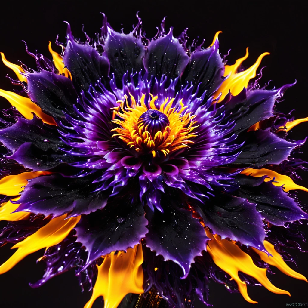 Black and purple fire on a bright yellow background. Macro photography captures an Black and purple fire flower intricately morphing amidst vibrant, homage to Miki Asai flair, centered in a hyper-detailed studio setting, focus honing in on the ethereal molten Flame edges, detailed textures a nod to Philippe Vignal style, celebrated on ArtStation, bathed in cinematic lighting, ultra fine resolution, Ross Tran eleganance, close-up, neon ambiance, abstract black oil, gear mecha, detailed acrylic, grunge, intricate complexity, rendered in unreal engine, photorealistic