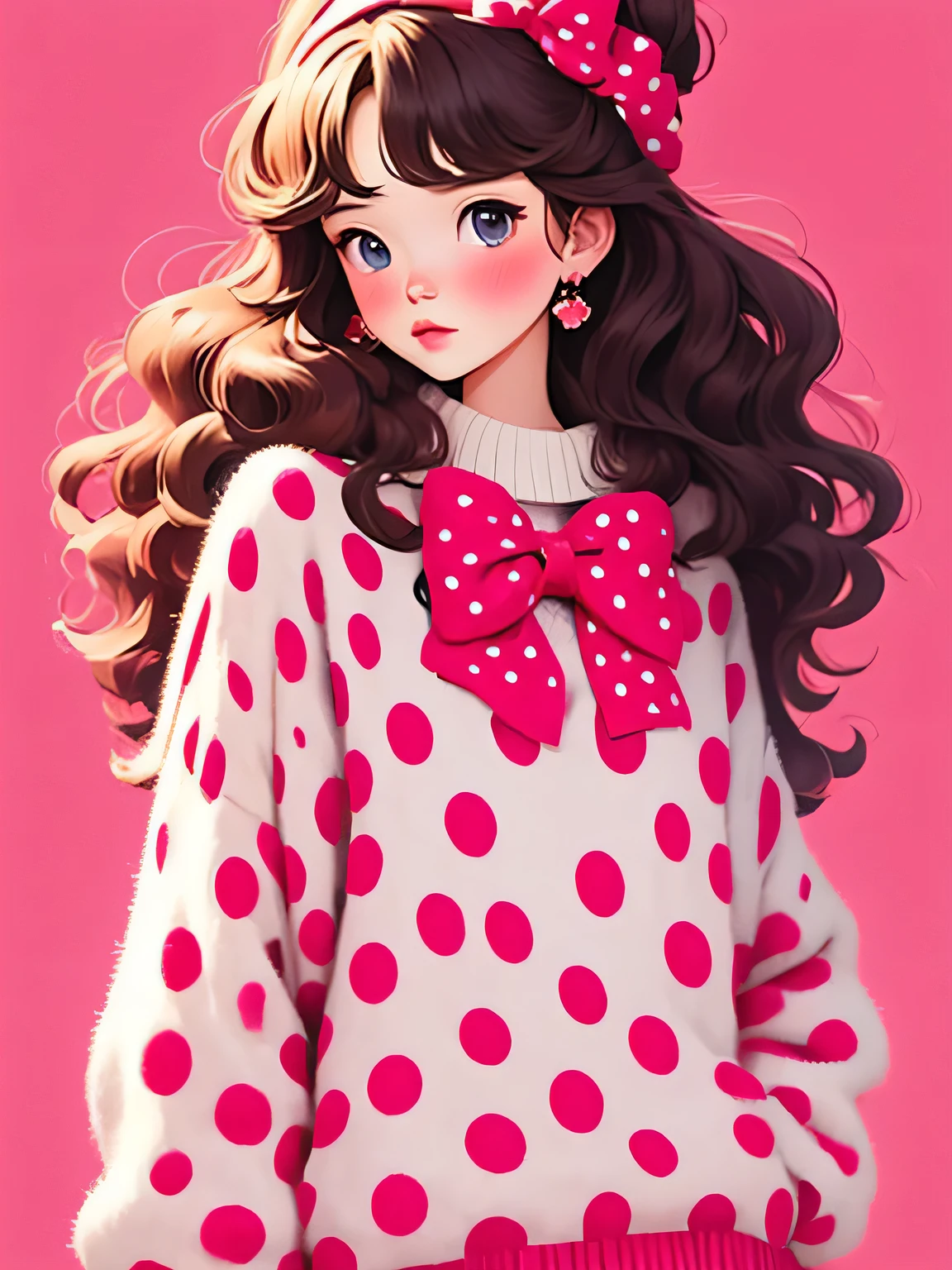 Micho style, (masterpiece, best quality:1.2), 1 girl, alone，wavy hair，Light fluffy long hair，bow headband，polka dot sweater，Sweater details，clean background