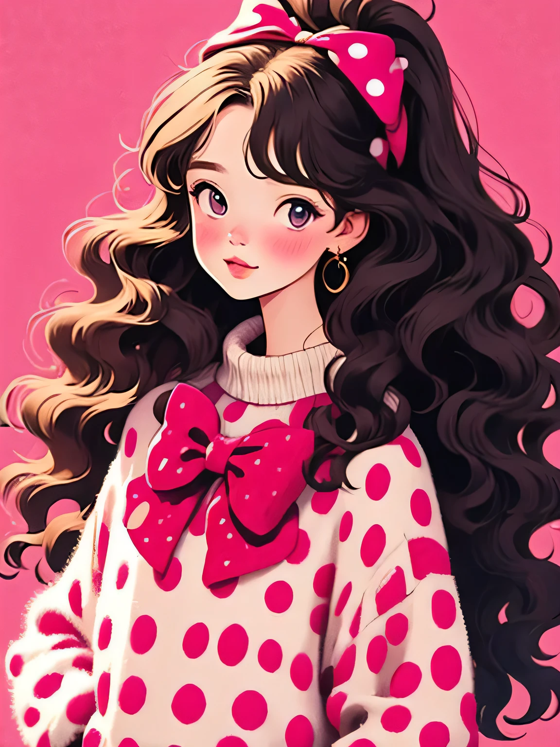 Micho style, (masterpiece, best quality:1.2), 1 girl, alone,wavy hair,Light fluffy long hair,bow headband,polka dot sweater,Sweater details,clean background