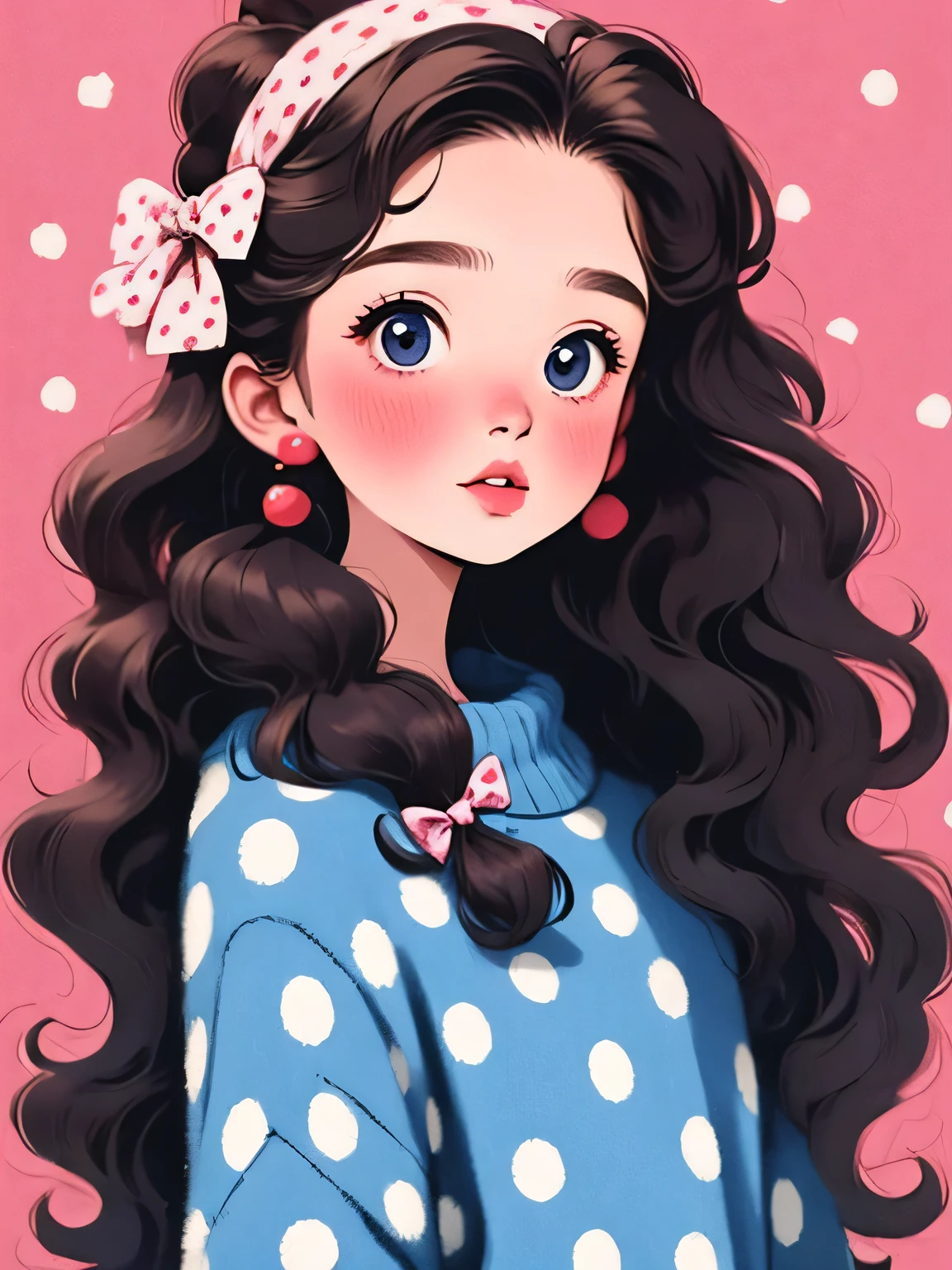 Micho style, (masterpiece, best quality:1.2), 1 girl, alone,wavy hair,Light fluffy long hair,bow headband,polka dot sweater,Sweater details,clean background