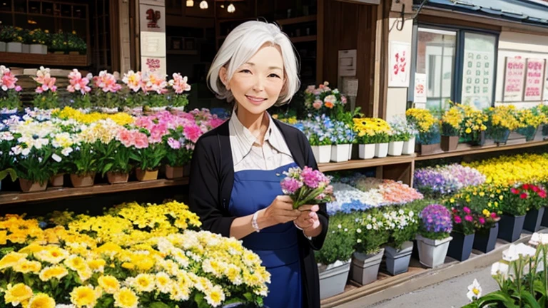 Old lady saleswoman at a flower shop、A big smile