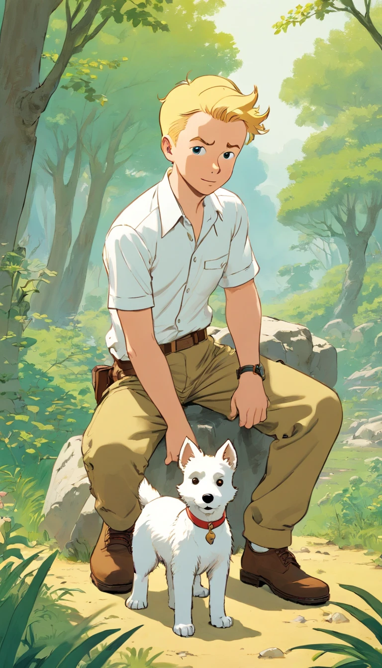 Tintin, male wearing white short sleeves shirt and brown cargo pants, short blond hair, herge, european comics, heroic pose, African savannah, with a little white fox terrier dog