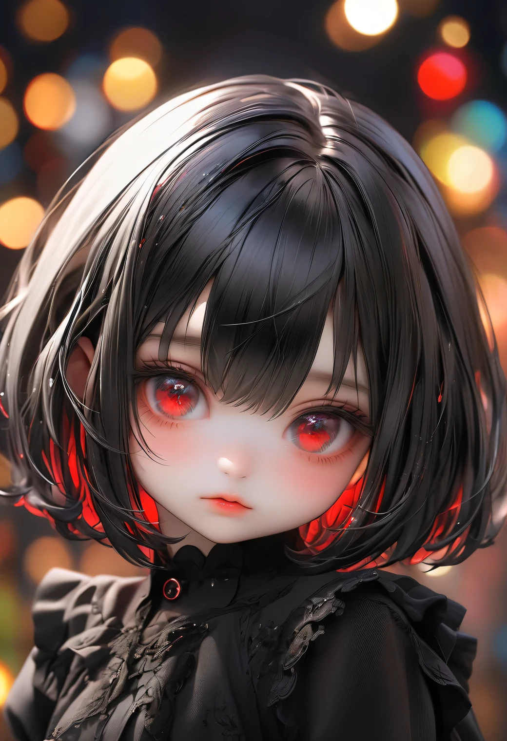 raw photo:1.2, masterpiece, highest quality, 16k, unbelievably absurd, very detailed, perfect beauty, (gothic loli), beautiful cute girl, in a beautiful pose, shiny jet black straight hair, bob cut, through bangs, droopy eyes, look down, red eyes, Traces of black tears, vibrant colors, raw photo, background bokeh