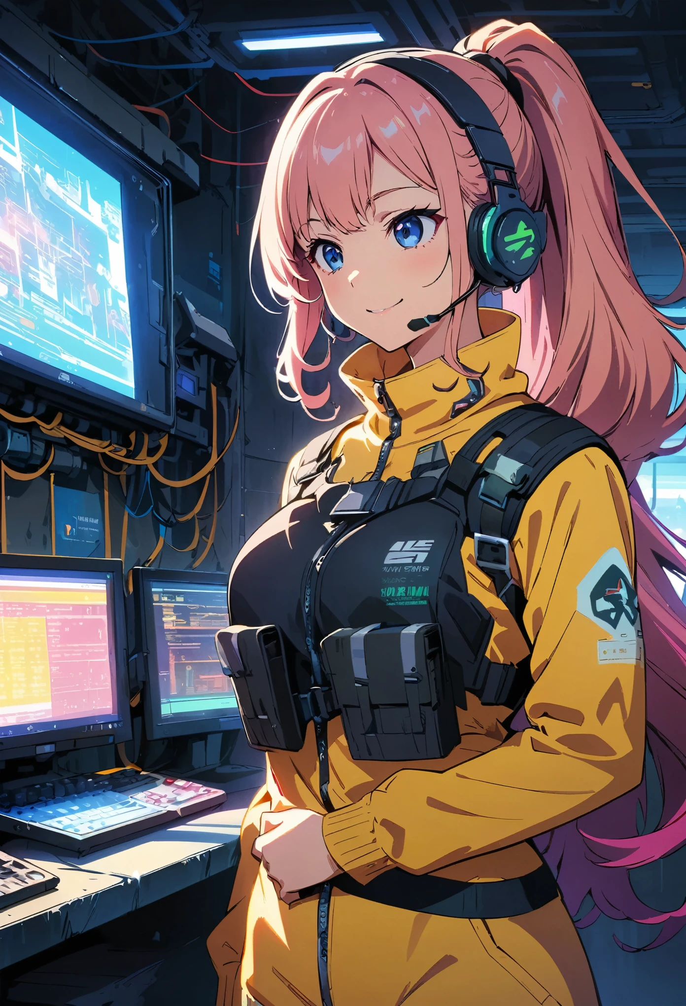 (highest quality:1.2, Very detailed, Anime Style, Digital Painting, Studio Anime, Ultra-high resolution, High Contrast, masterpiece:1.2, highest quality, Best aesthetics), 1 female, Neon City, Operation Roomの椅子に座っているピンク髪の女性, Long Hair, ponytail, Cyberpunk Anime, Cyberpunk Animeの女の子, Combat Suit, Battle Suit, Neon Effect, Cyber City, headset, goggles, Detailed communication equipment, Operation Room, Complex communication network, As shown on the display々Information, Woman Turning Around, smile, Bright color palette, Studio Lighting, Wide-angle lens.
