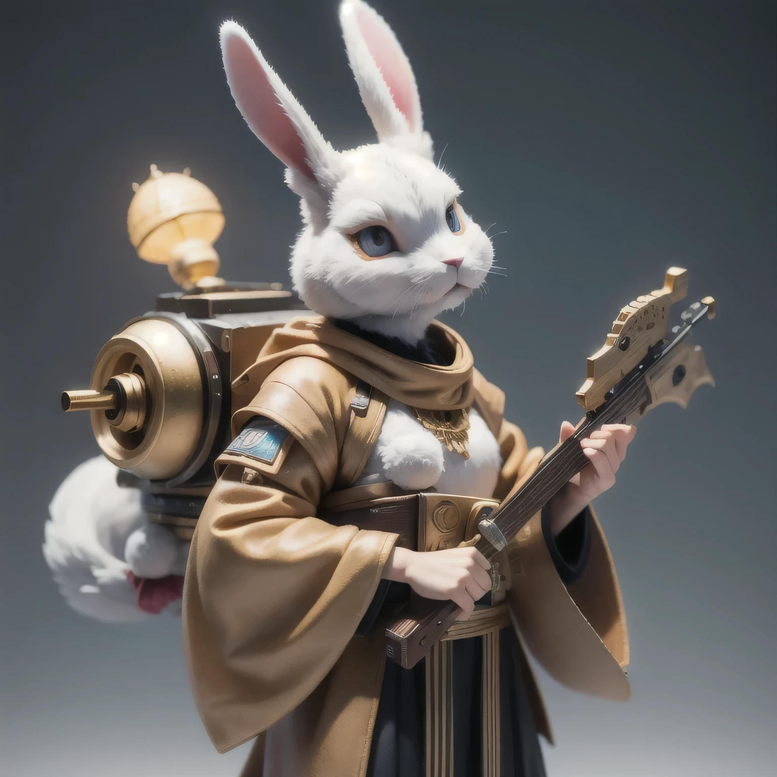Rabbit Ear(((Rabbit Ear)))Nine-tailed Suspended Halley Mist Star,Coarse linen cloak Mayan headgear platinum silk cyberpunk light crossbow space station 1:900 miniatures,illustration,Side viewing angle,((Side viewing angle)),Wear gold wire-rimmed reflective sunglasses,Carry future weapons,very happy,Side viewing angle,whole body,Stereo,Octane Rendering,Perfect face,Collagen texture