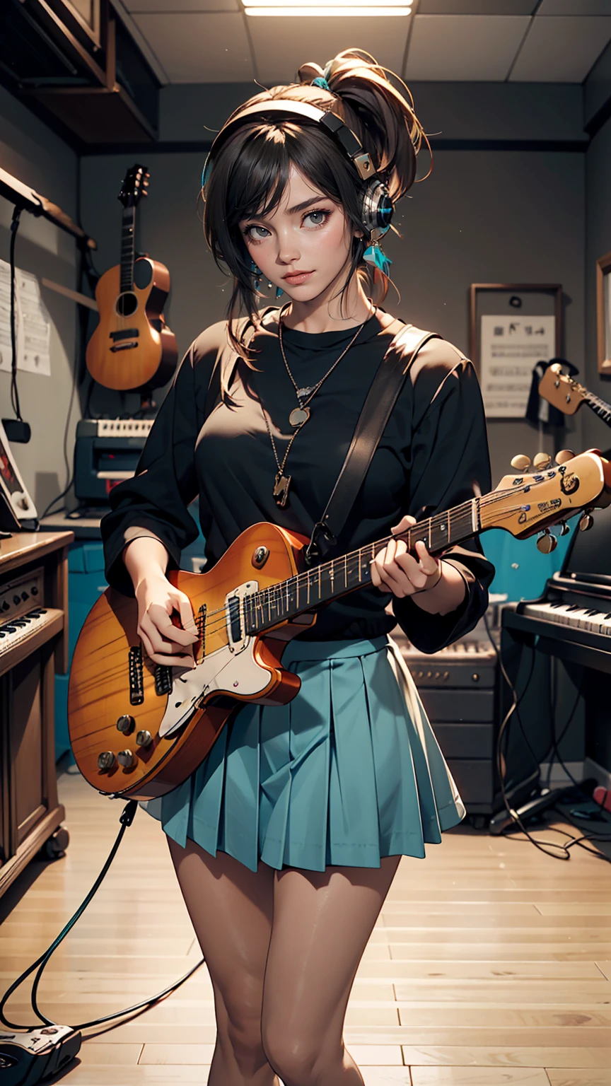 ((masterpiece, highest quality))One girl, alone, Black Dress, blue eyes, electric guitar, guitar, Headphones, Double Ponytail, Holding, Holding plectrum, musical instrument, Long Hair, music, One side up, Turquoise Hair, Twin tails, guitarを弾く, Pleated skirt, Black Shirt, interior