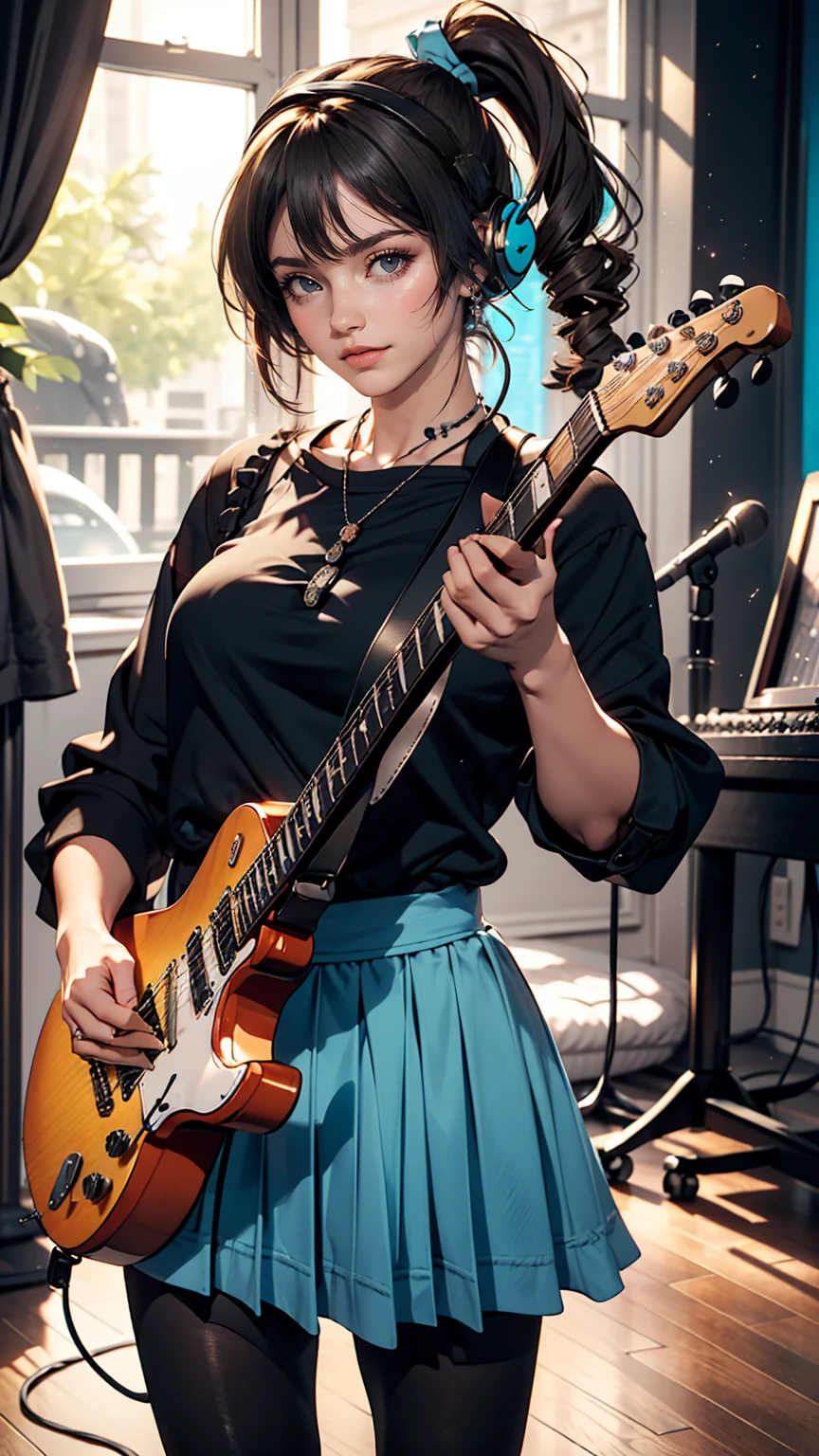 ((masterpiece, highest quality))One girl, alone, Black Dress, blue eyes, electric guitar, guitar, Headphones, Double Ponytail, Holding, Holding plectrum, musical instrument, Long Hair, music, One side up, Turquoise Hair, Twin tails, guitarを弾く, Pleated skirt, Black Shirt, interior