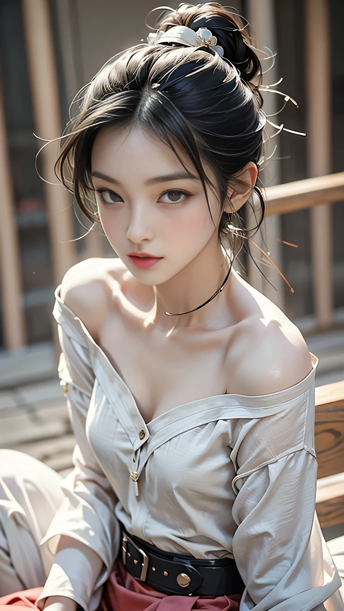 Beautiful and attractive woman in fashion trends, Gentle and attractive Chinese beauty, Delicate and sexy collarbone, Attractive oval face, double eyelid, Clever pink eyes, Pink Lips, Small Nose, Exposing shoulders, Focus on the face, Face close-up, Ultra high definition, Very detailed, The white off-the-shoulder shirt matches perfectly with the light blue slit skirt., Fresh and impressive
